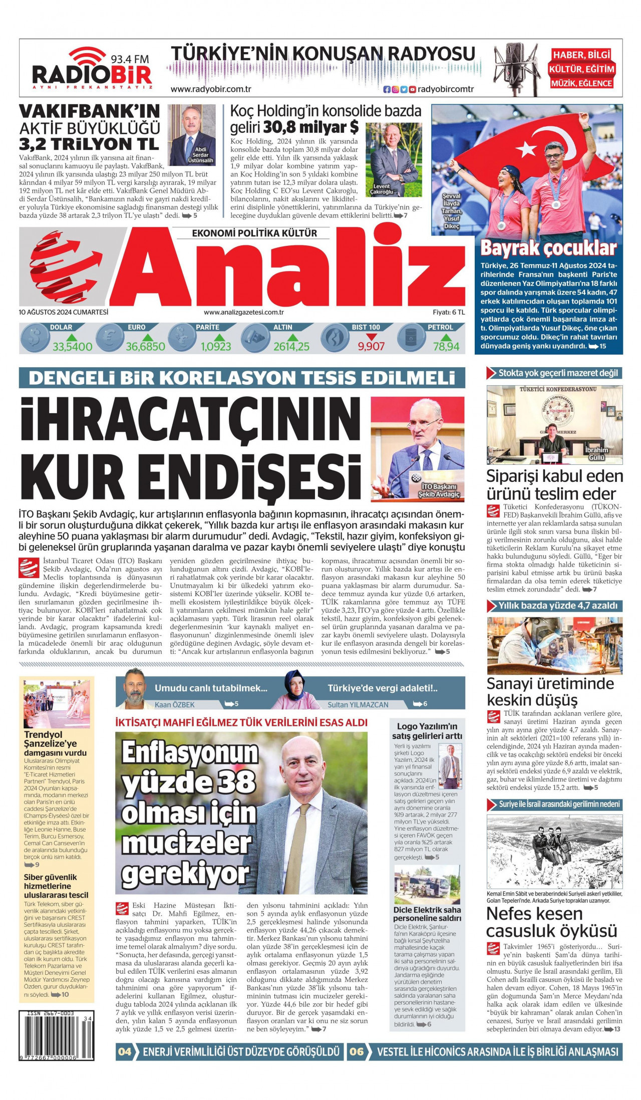 ANALİZ gazetesinin 10 Ağustos 2024 tarihli birinci sayfası