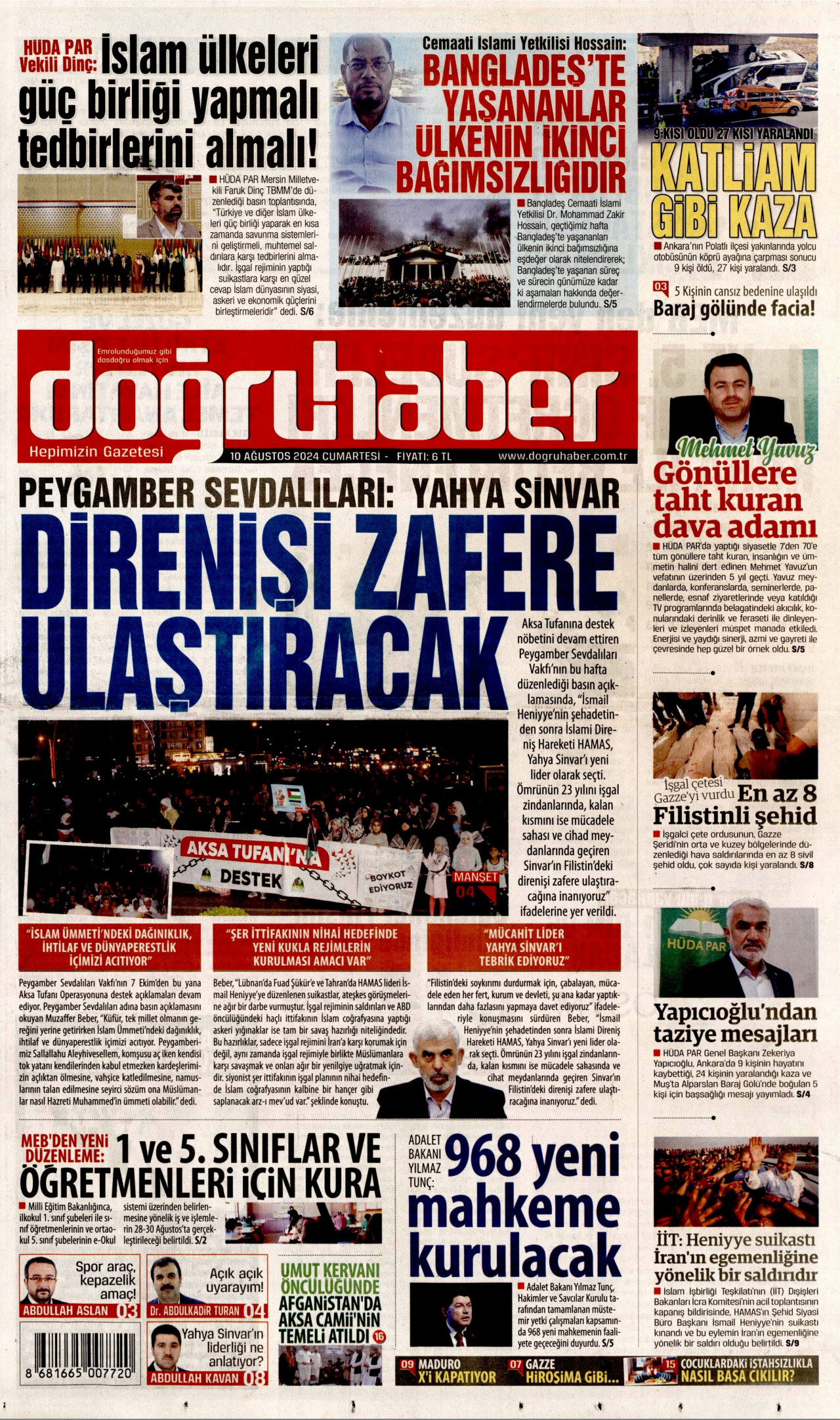 DOĞRU HABER gazetesinin 10 Ağustos 2024 tarihli birinci sayfası