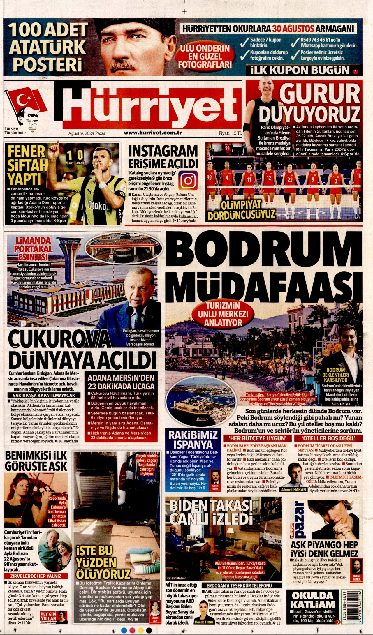 HÜRRİYET gazetesinin 11 Ağustos 2024 tarihli birinci sayfası