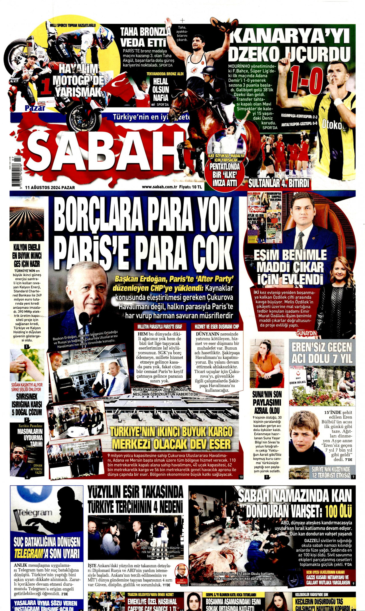 SABAH gazetesinin 11 Ağustos 2024 tarihli birinci sayfası