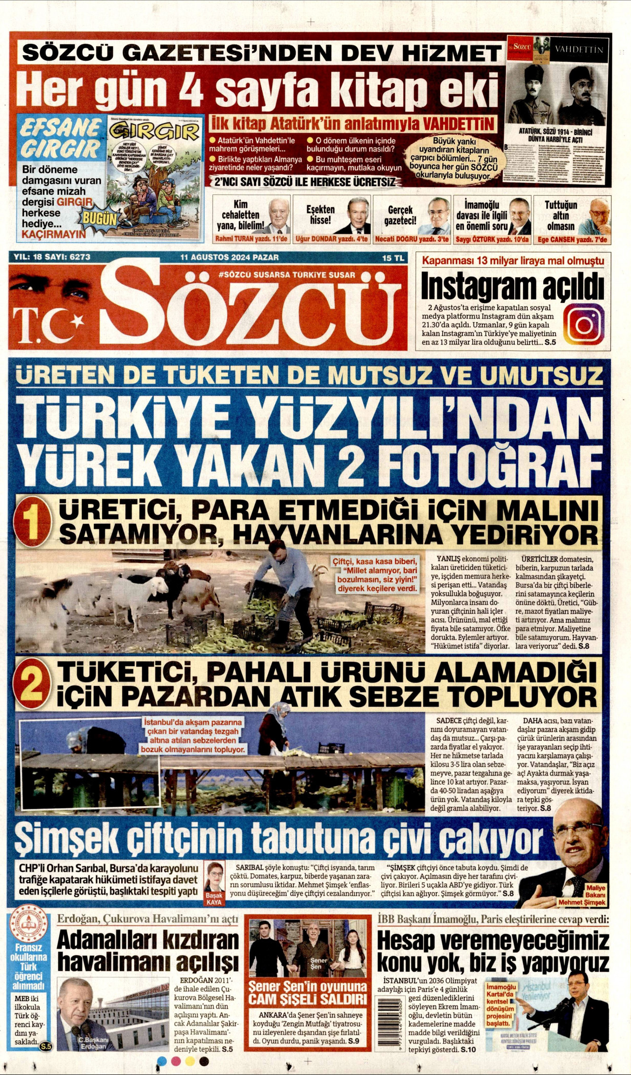 SÖZCÜ gazetesinin 11 Ağustos 2024 tarihli birinci sayfası