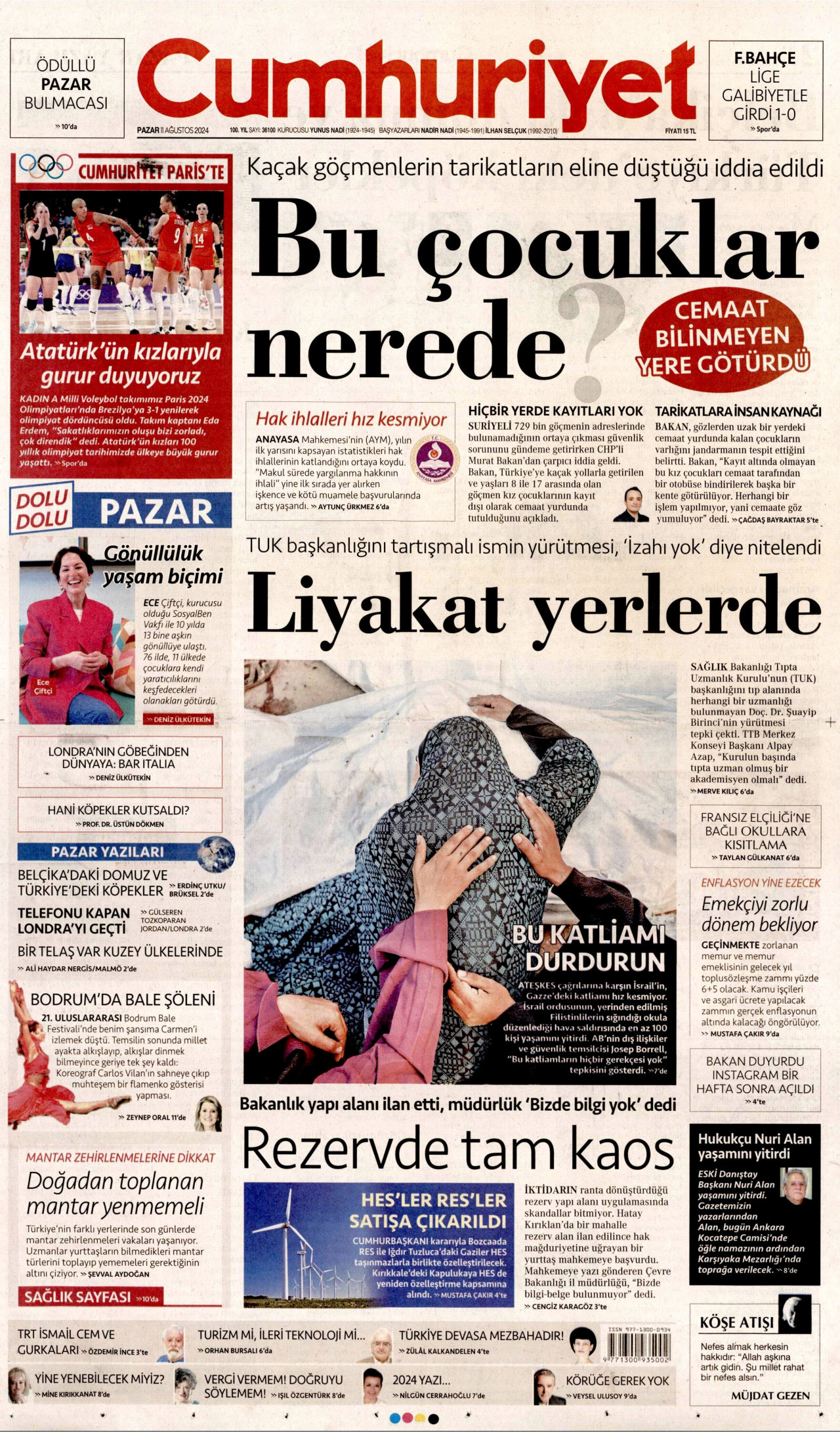 CUMHURİYET gazetesinin 11 Ağustos 2024 tarihli birinci sayfası