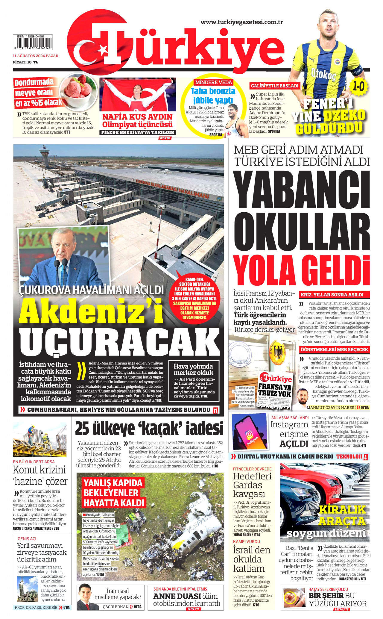 TÜRKİYE GAZETESİ gazetesinin 11 Ağustos 2024 tarihli birinci sayfası