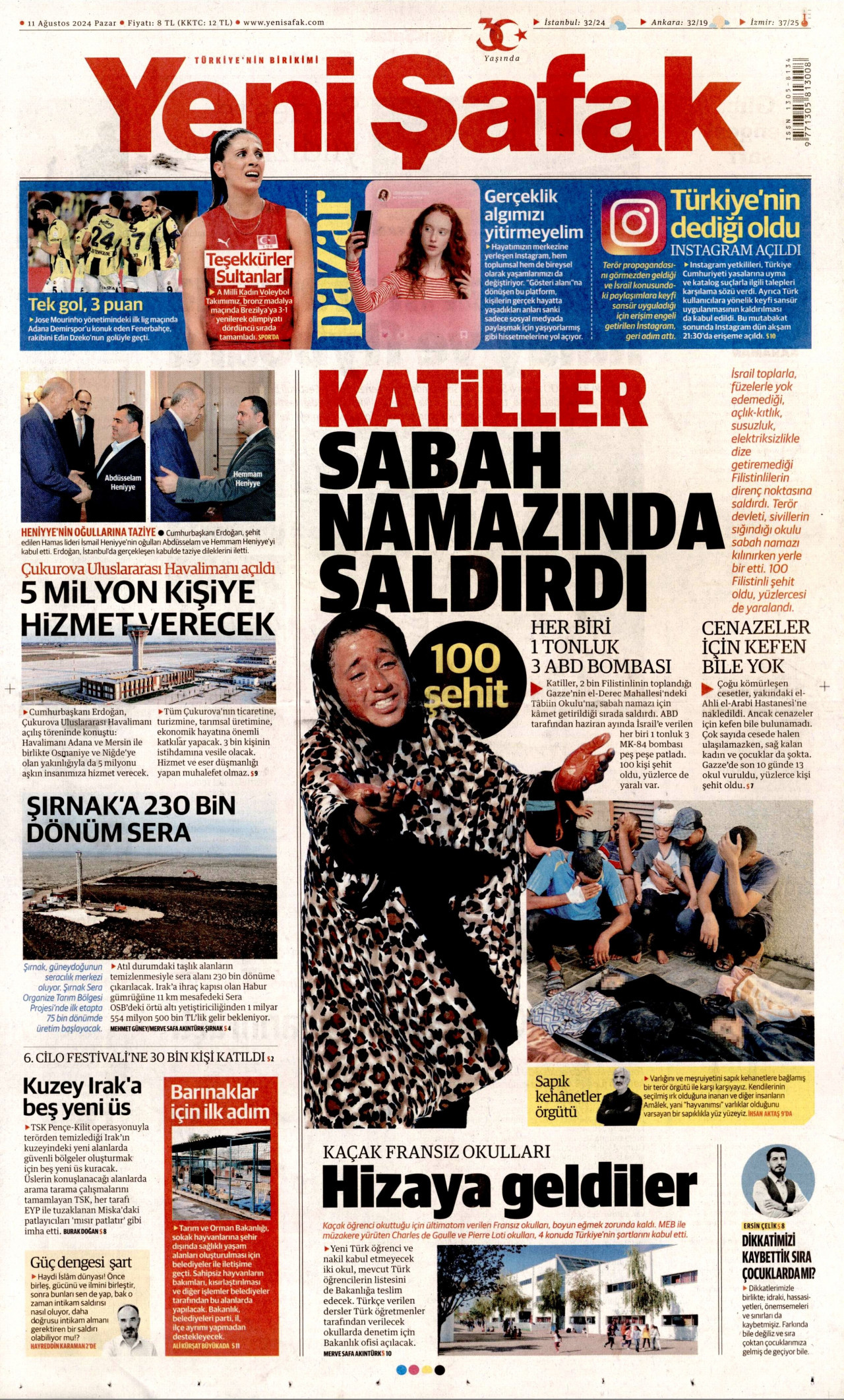 YENİ ŞAFAK gazetesinin 11 Ağustos 2024 tarihli birinci sayfası