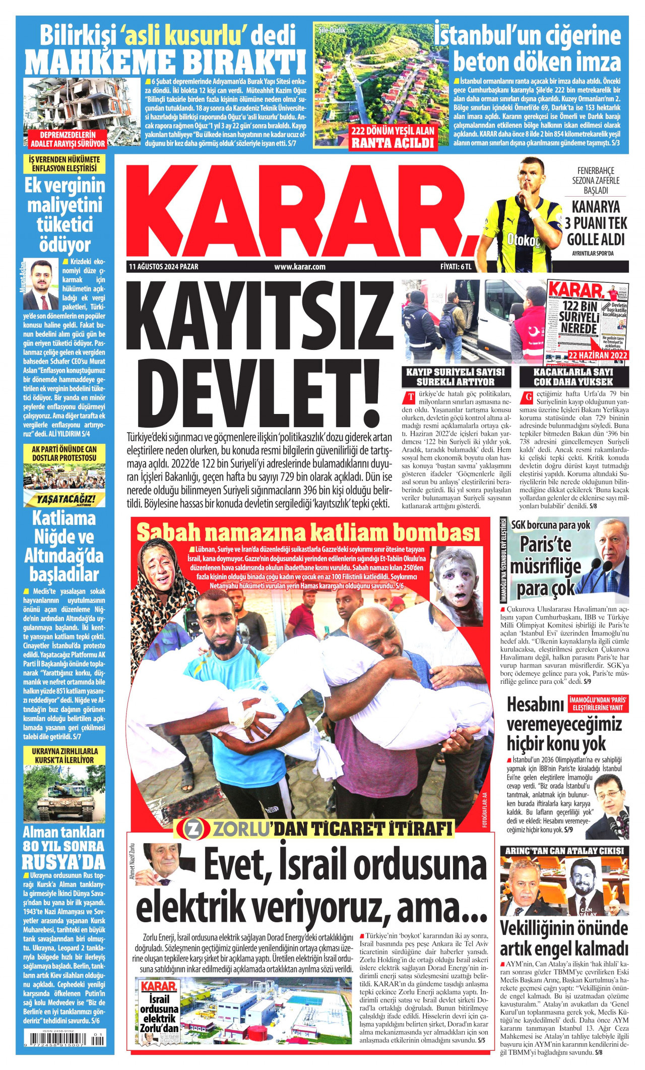 KARAR gazetesinin 11 Ağustos 2024 tarihli birinci sayfası