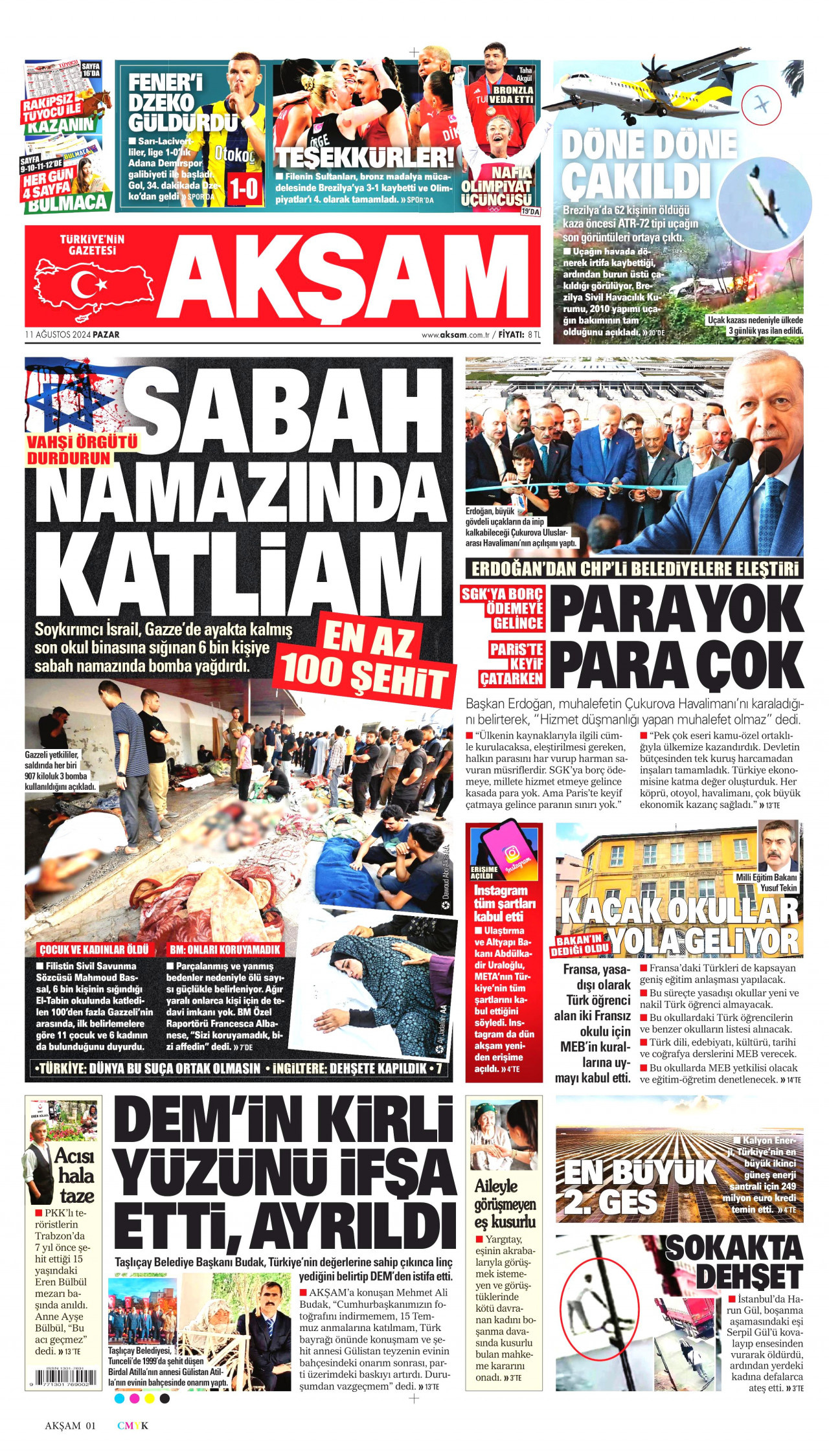 AKŞAM gazetesinin 11 Ağustos 2024 tarihli birinci sayfası