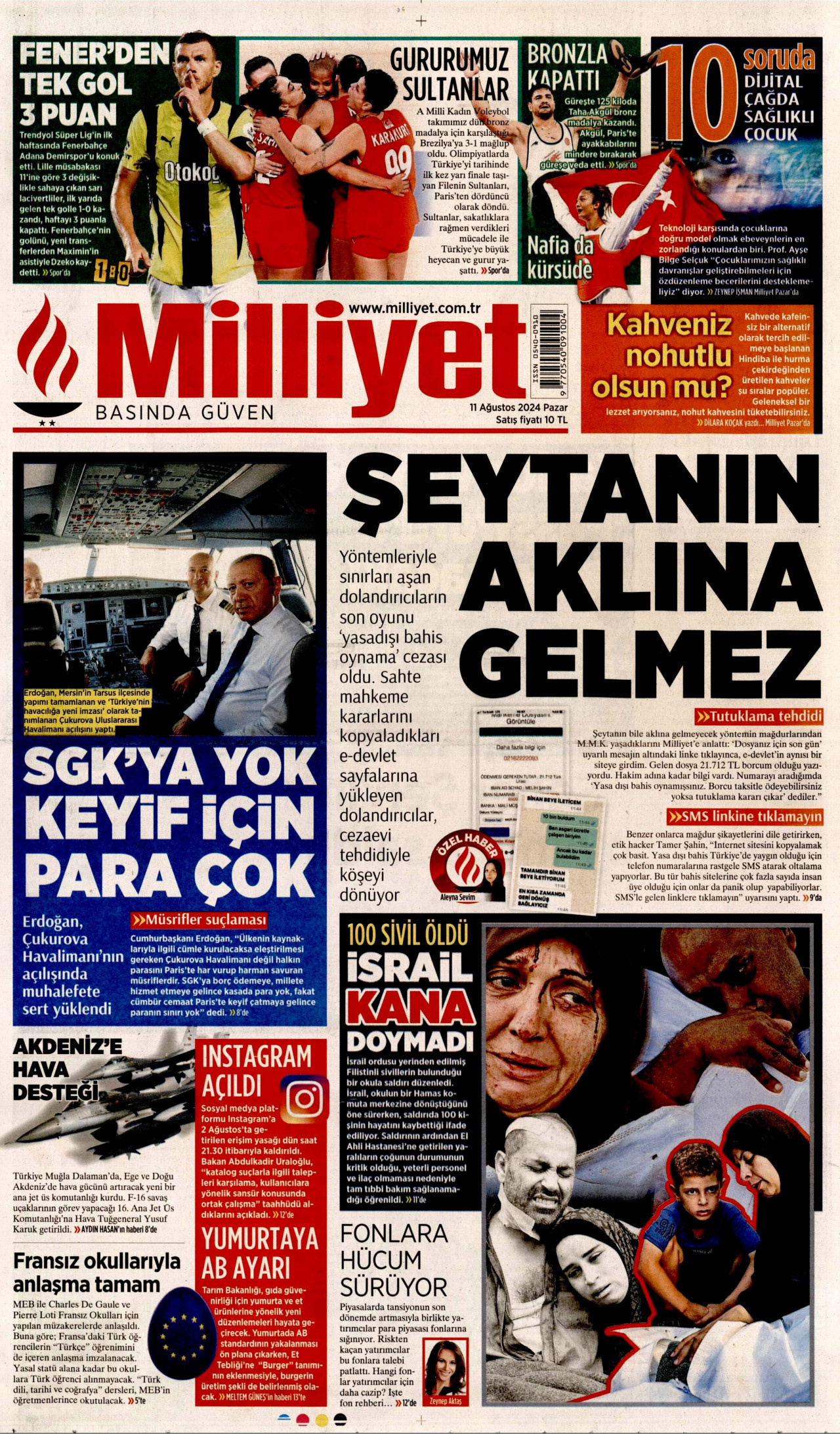 MİLLİYET gazetesinin 11 Ağustos 2024 tarihli birinci sayfası