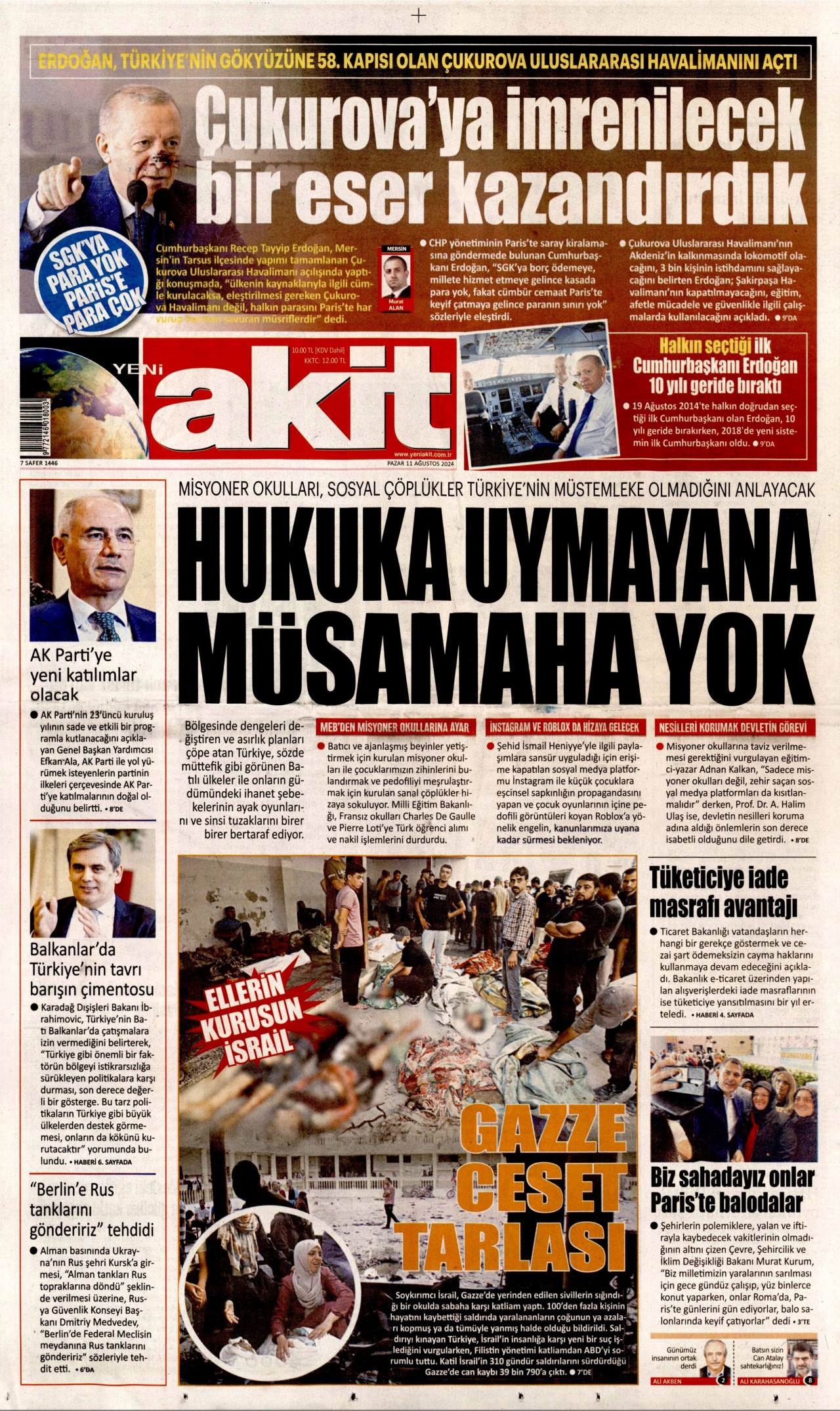 YENİ AKİT gazetesinin 11 Ağustos 2024 tarihli birinci sayfası