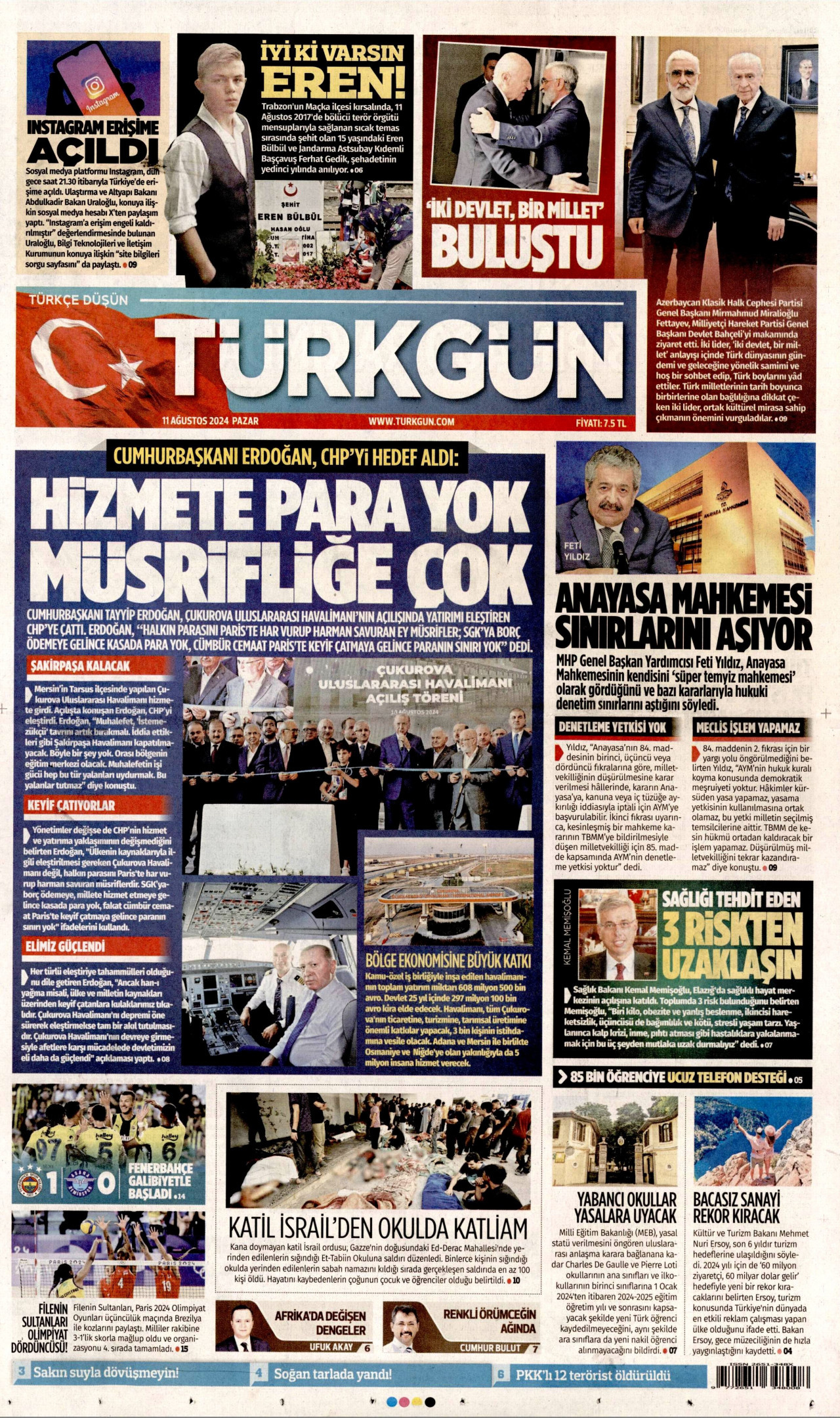 TÜRKGÜN gazetesinin 11 Ağustos 2024 tarihli birinci sayfası