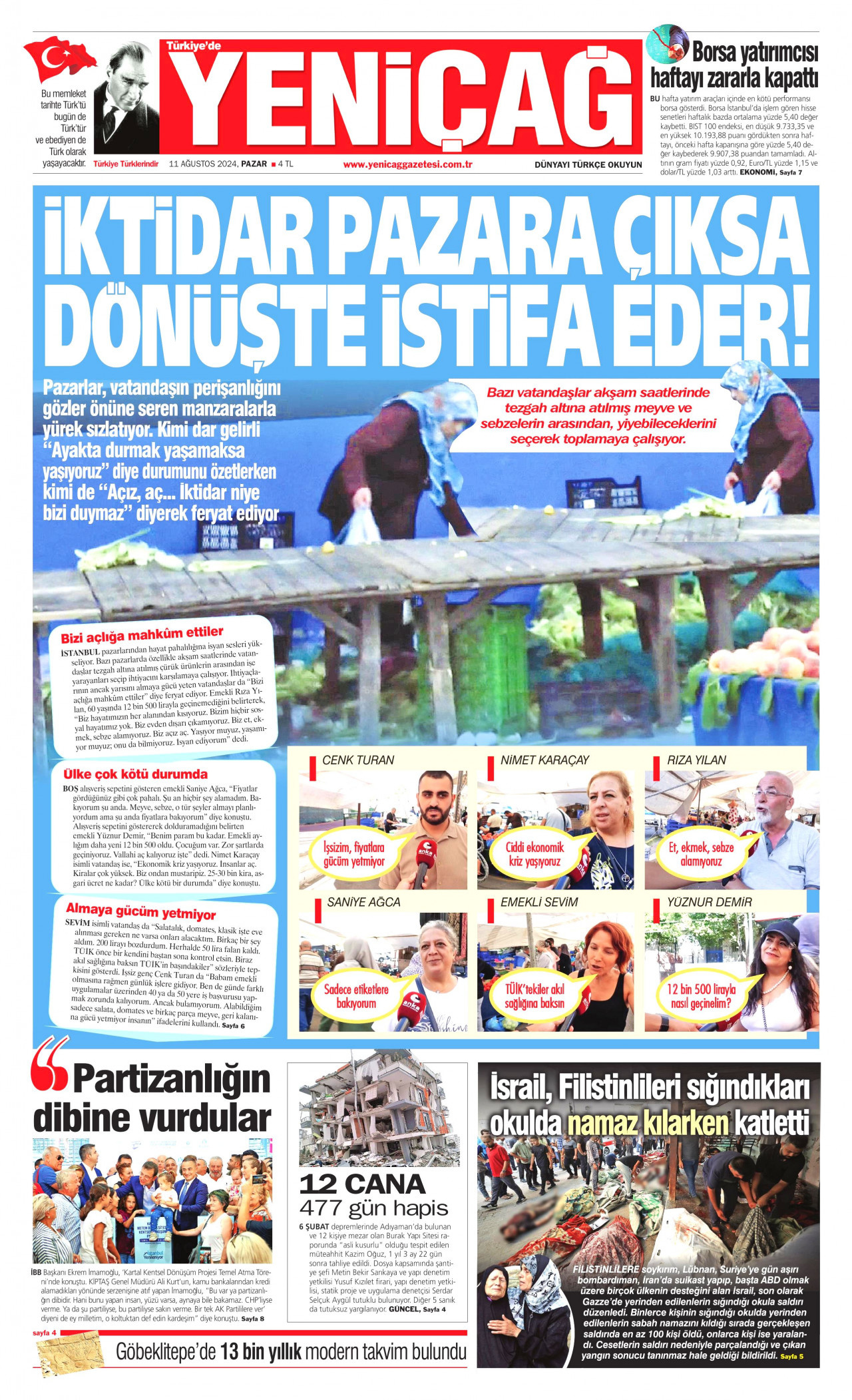 YENİÇAĞ gazetesinin 11 Ağustos 2024 tarihli birinci sayfası