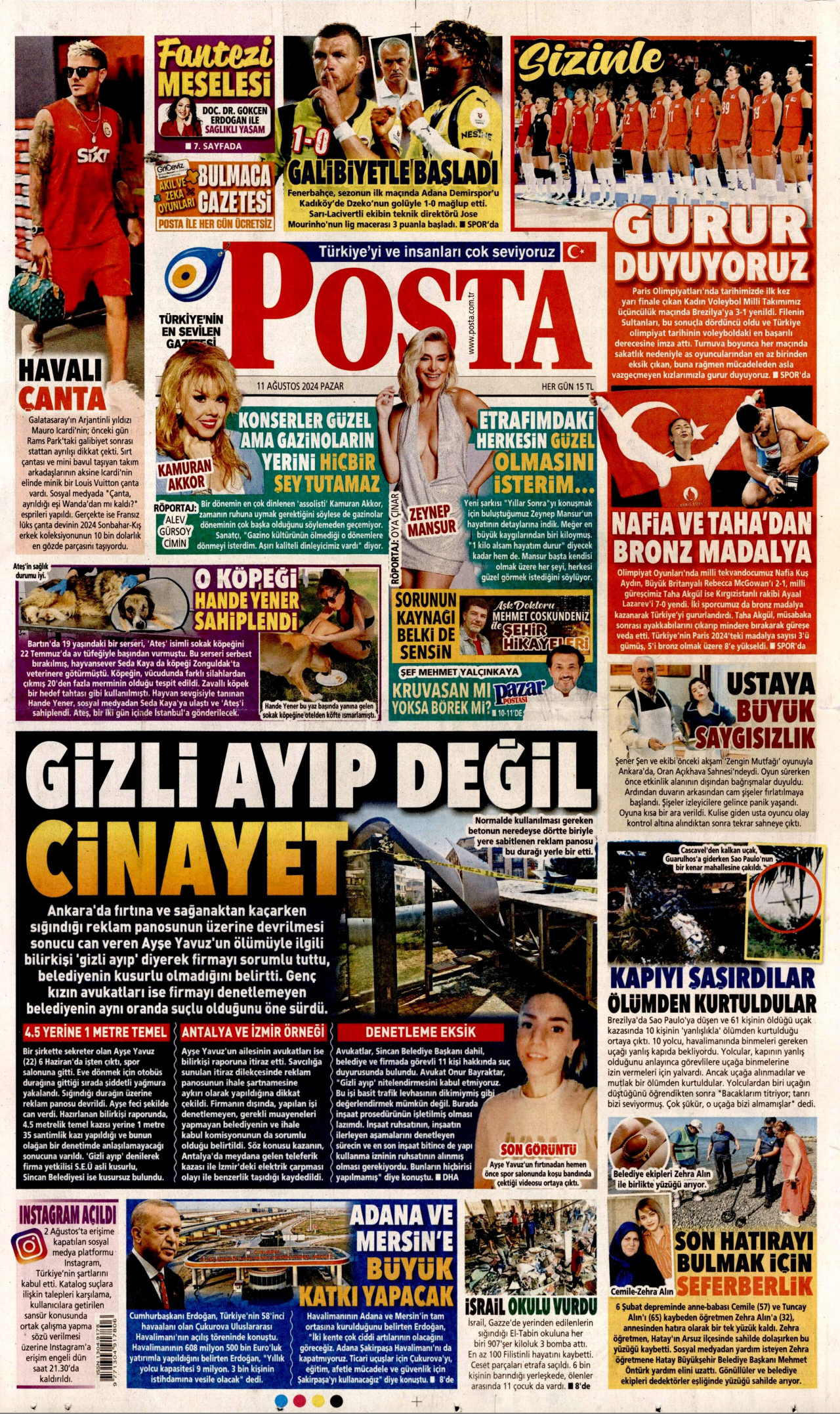 POSTA gazetesinin 11 Ağustos 2024 tarihli birinci sayfası