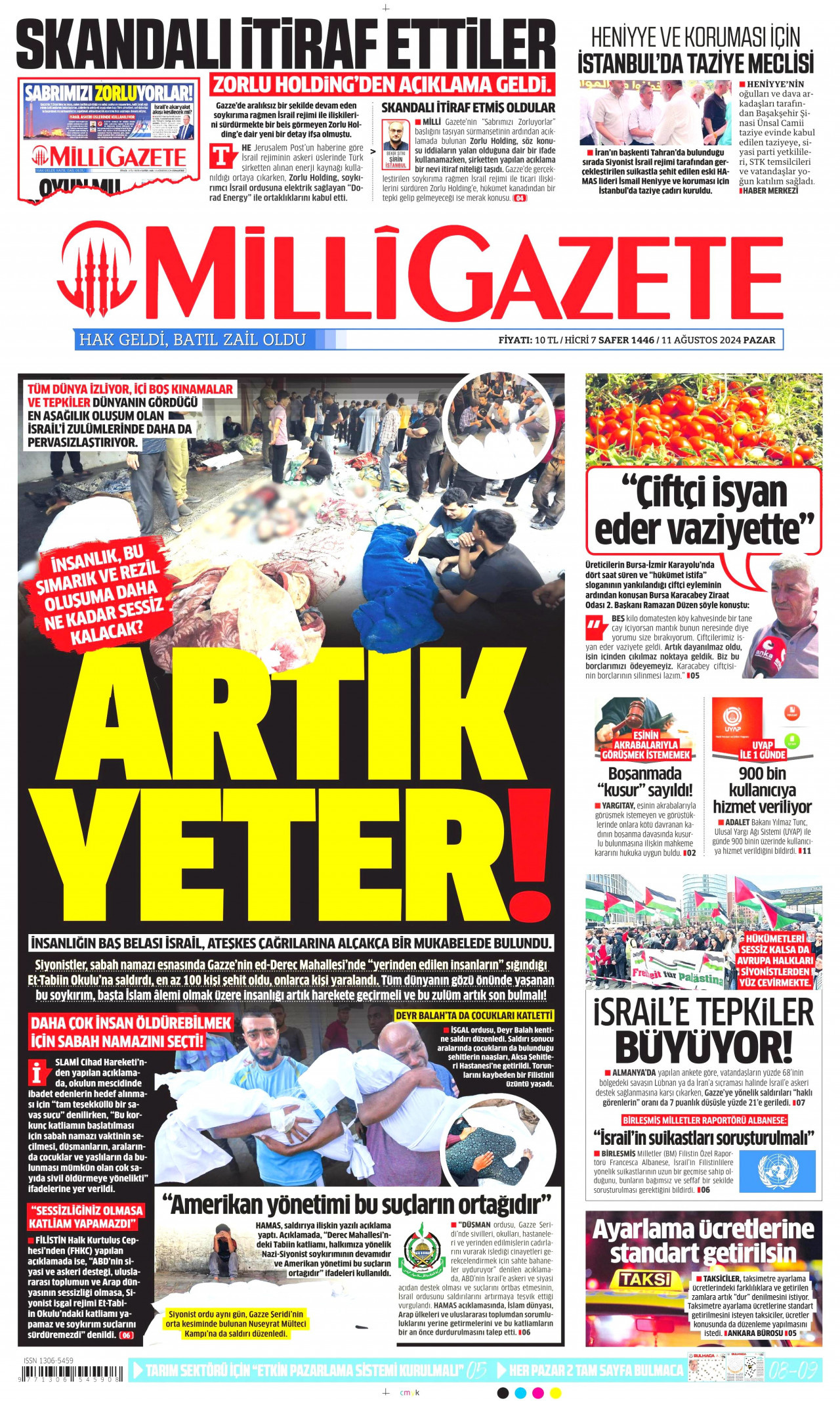 MİLLİ GAZETE gazetesinin 11 Ağustos 2024 tarihli birinci sayfası