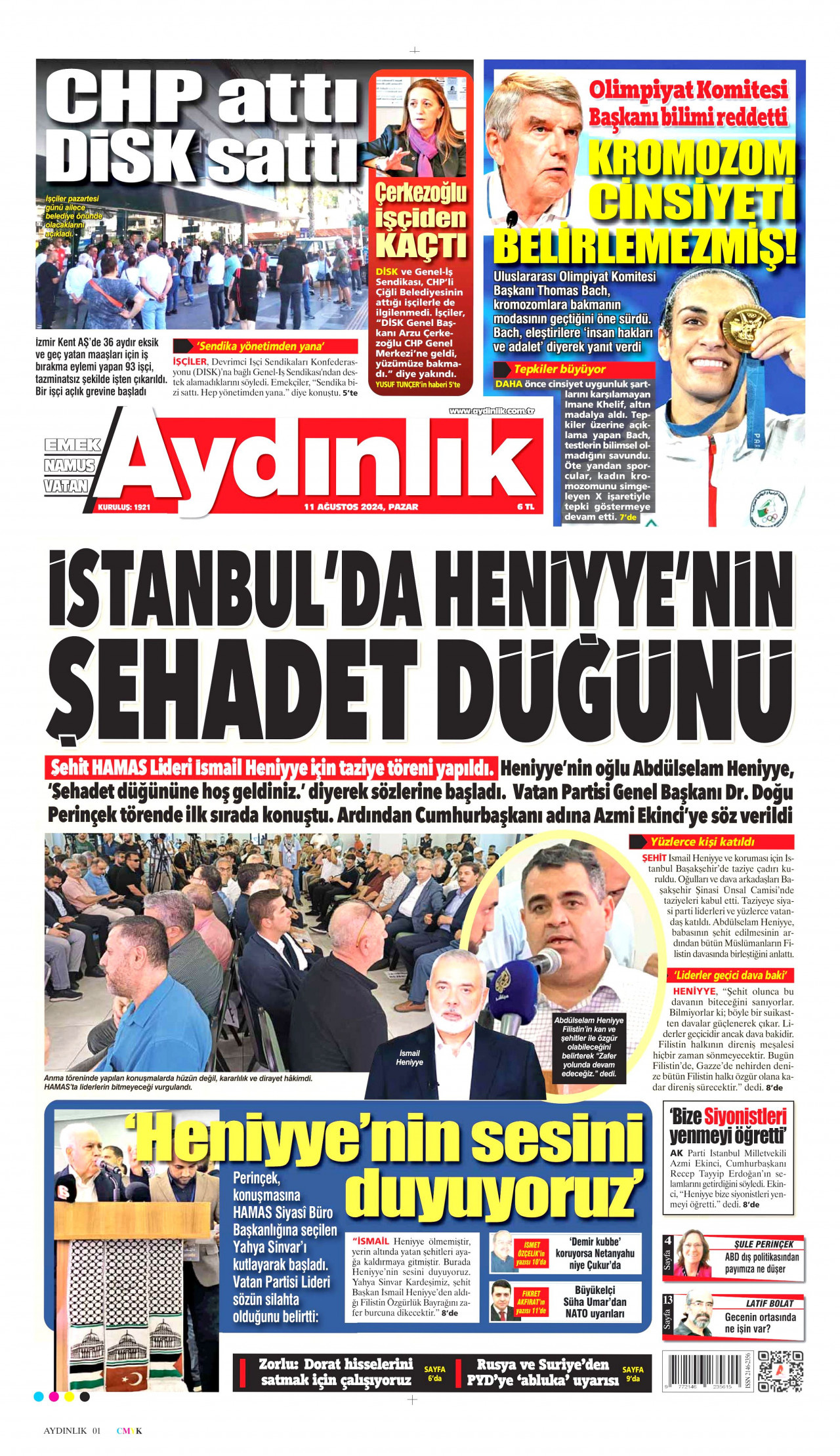 AYDINLIK GAZETESİ gazetesinin 11 Ağustos 2024 tarihli birinci sayfası