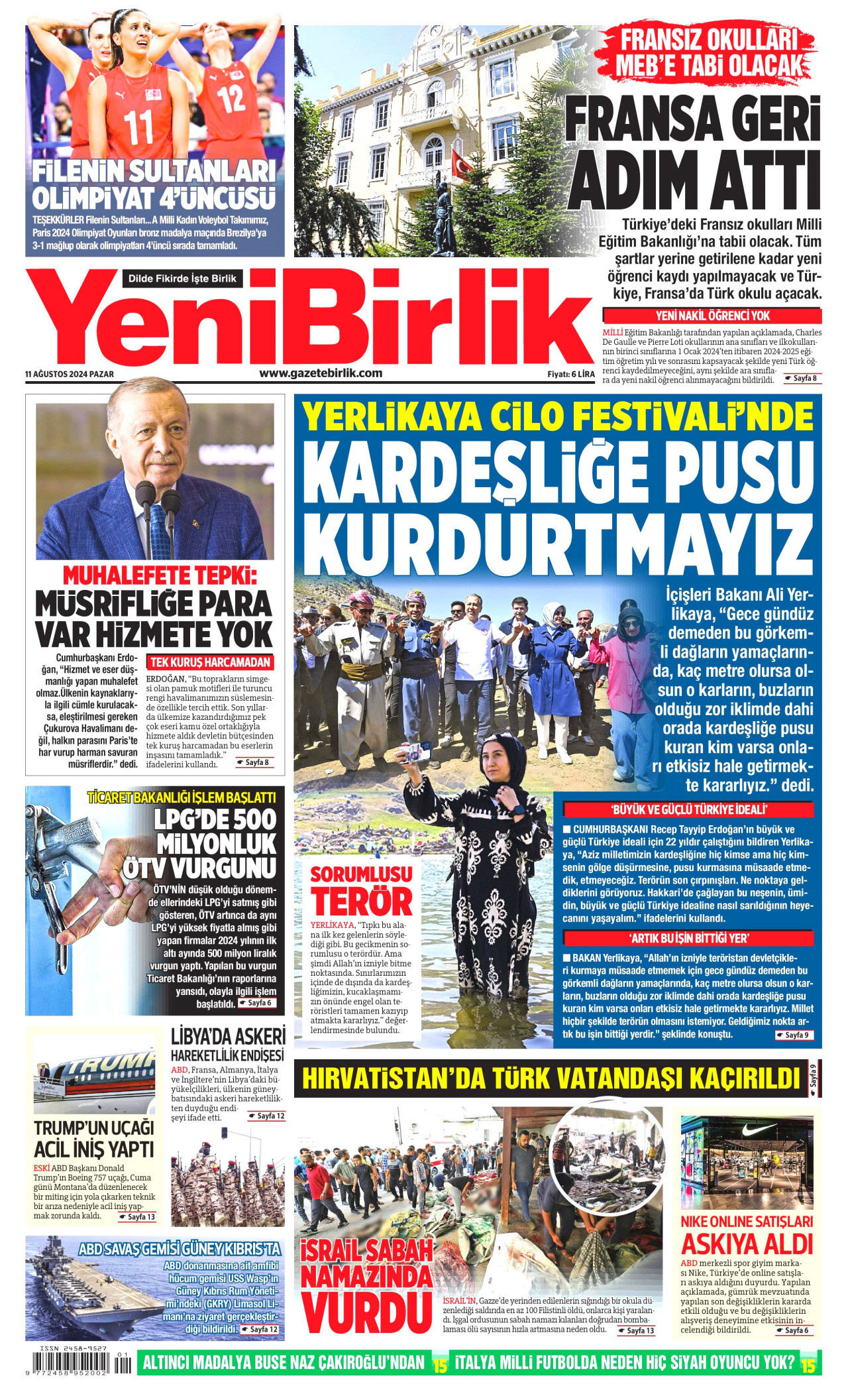 YENİBİRLİK gazetesinin 11 Ağustos 2024 tarihli birinci sayfası