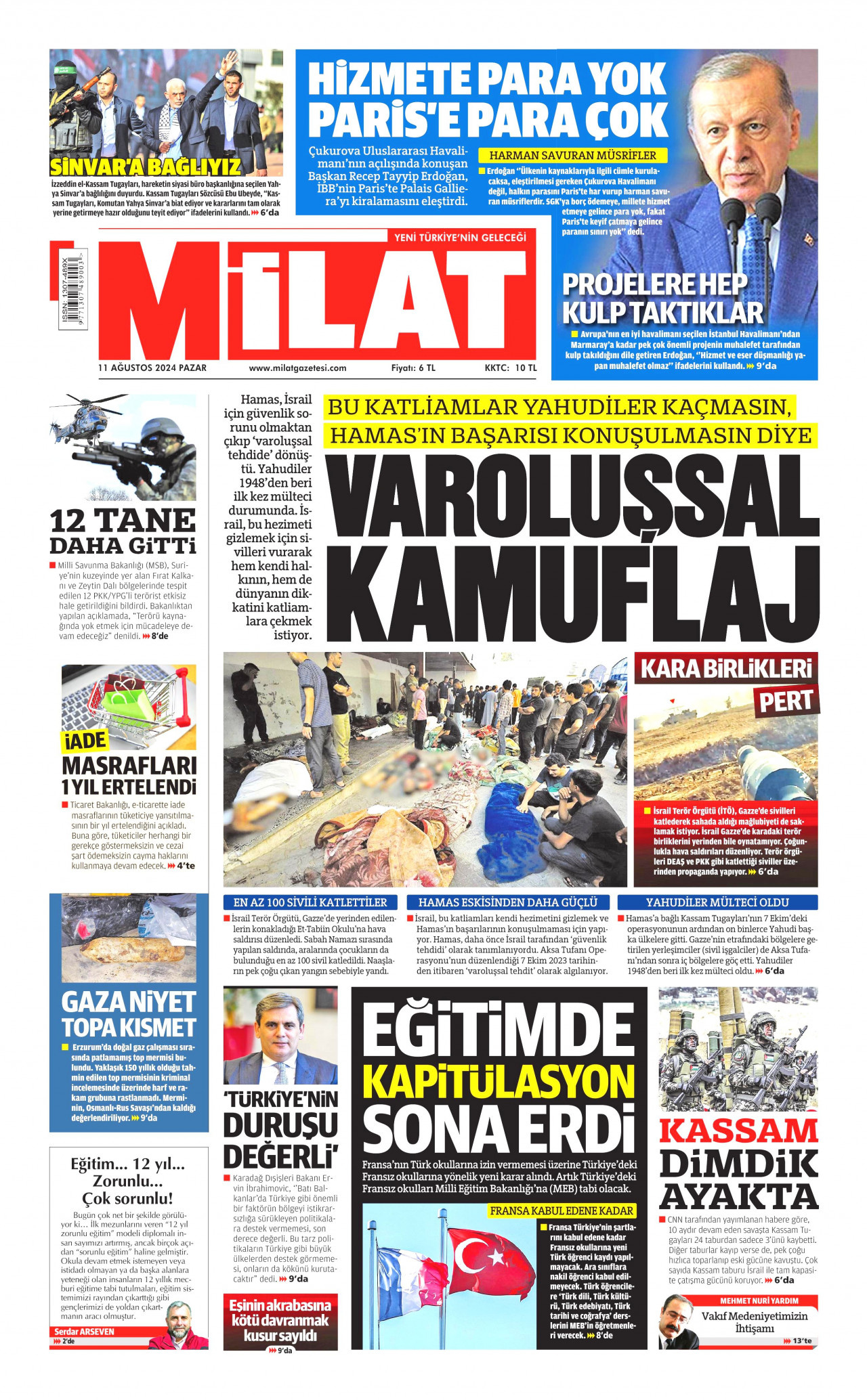 MİLAT gazetesinin 11 Ağustos 2024 tarihli birinci sayfası