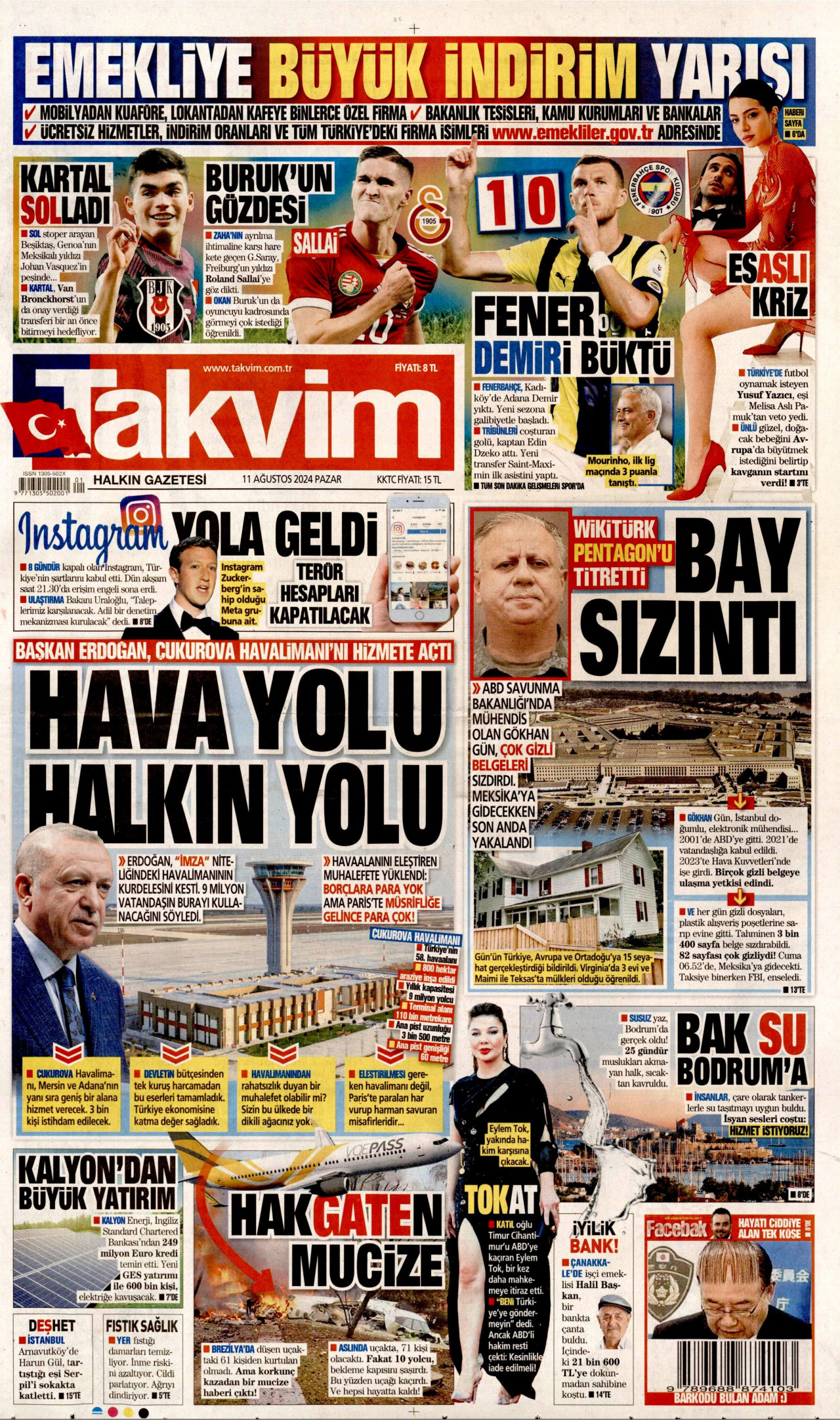 TAKVİM gazetesinin 11 Ağustos 2024 tarihli birinci sayfası