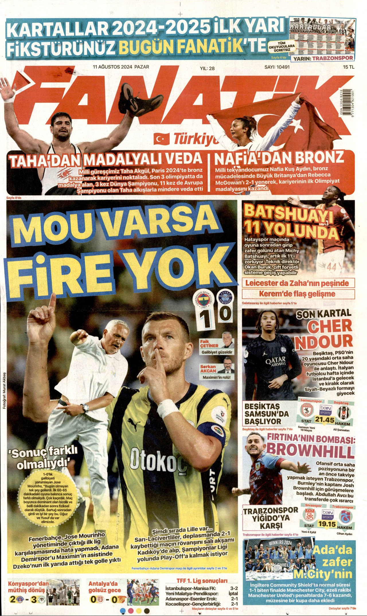 FANATİK gazetesinin 11 Ağustos 2024 tarihli birinci sayfası