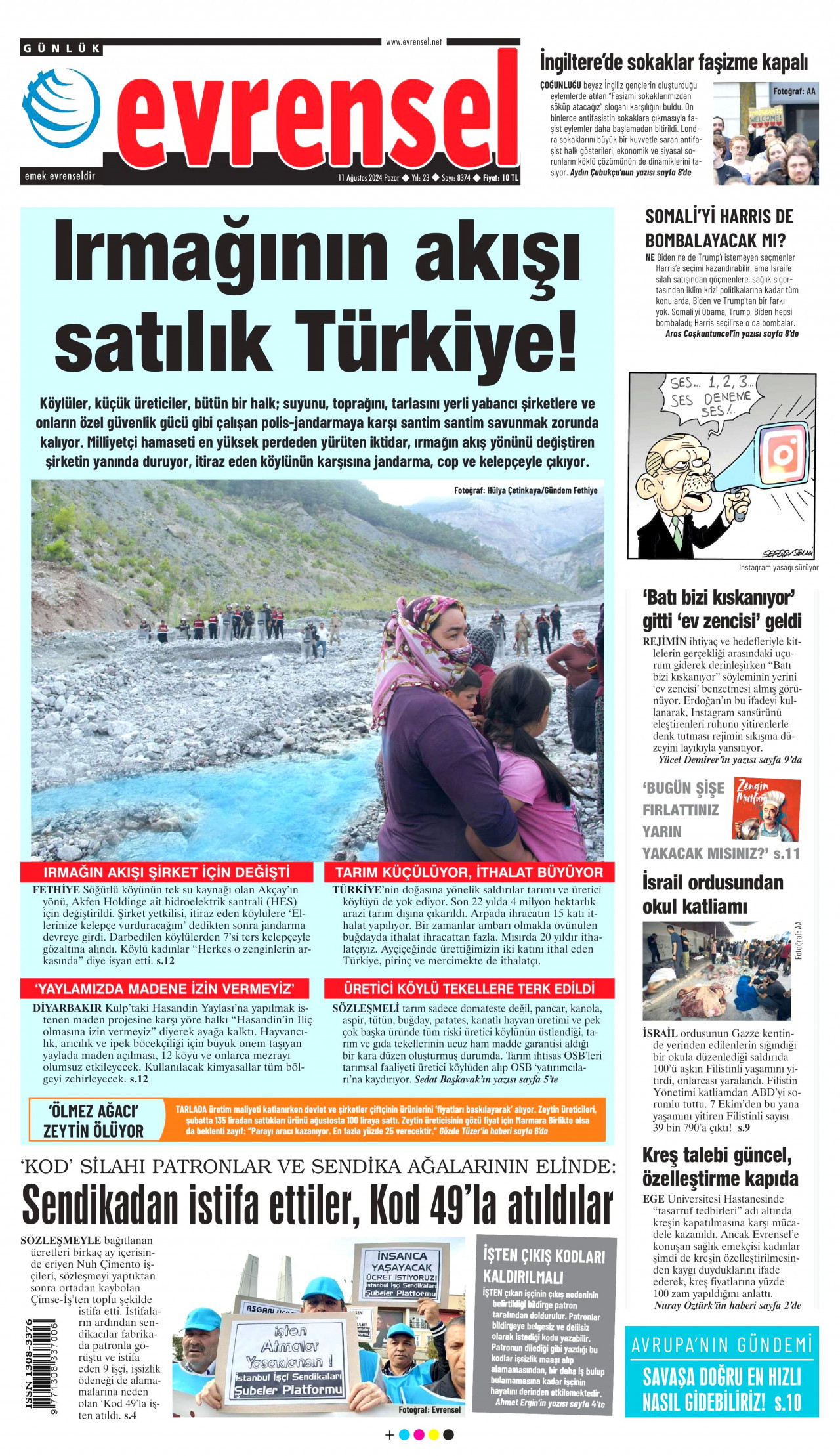 EVRENSEL gazetesinin 11 Ağustos 2024 tarihli birinci sayfası