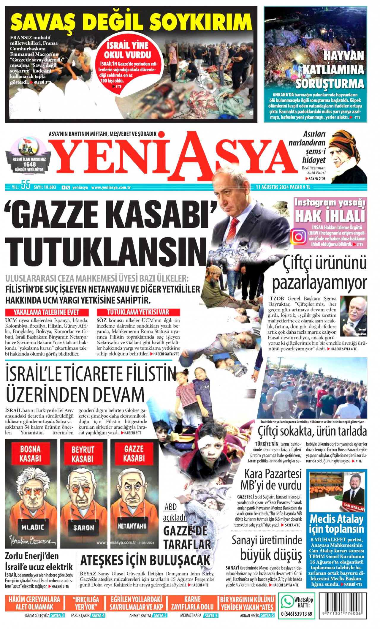 YENİ ASYA gazetesinin 11 Ağustos 2024 tarihli birinci sayfası