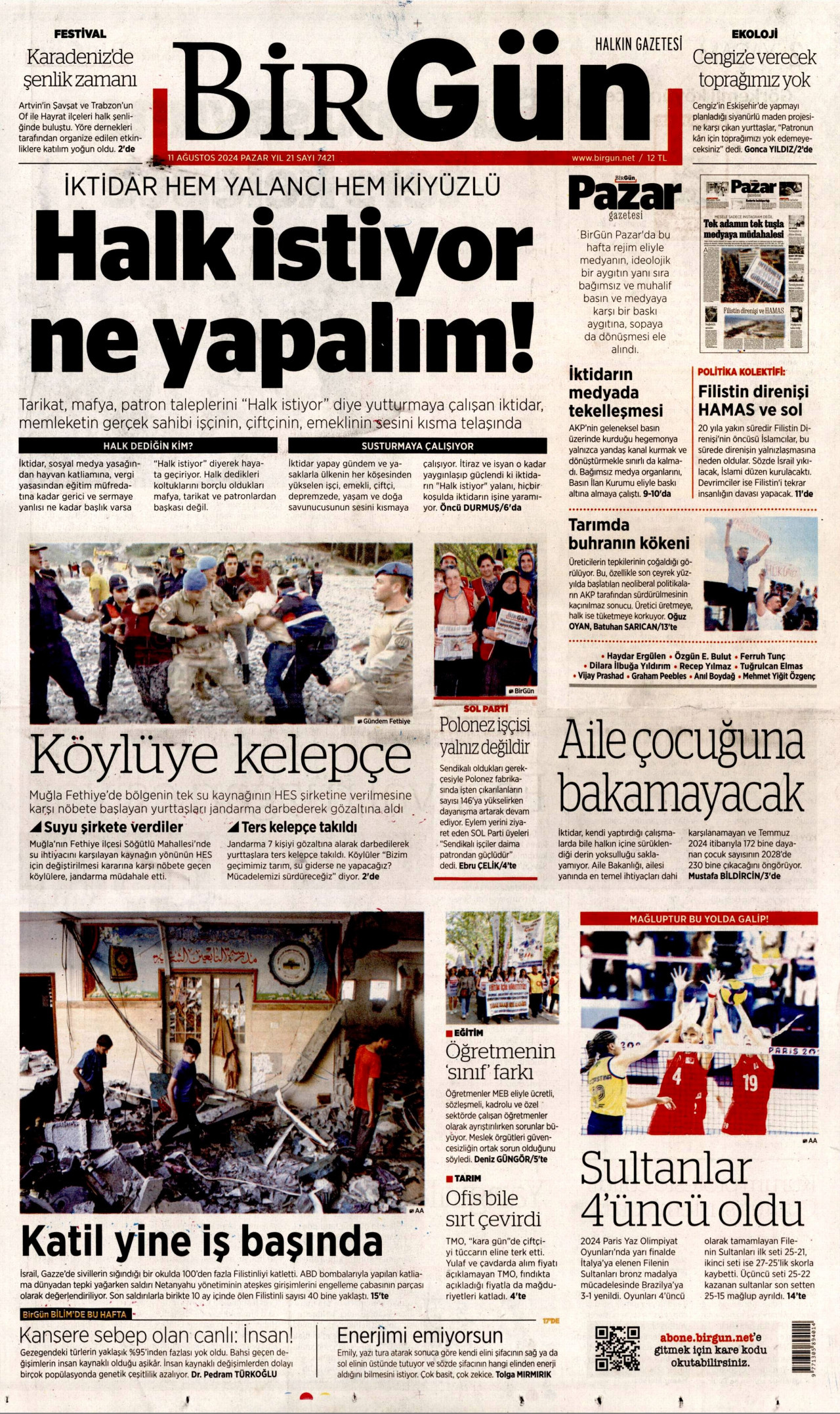 BİRGÜN gazetesinin 11 Ağustos 2024 tarihli birinci sayfası