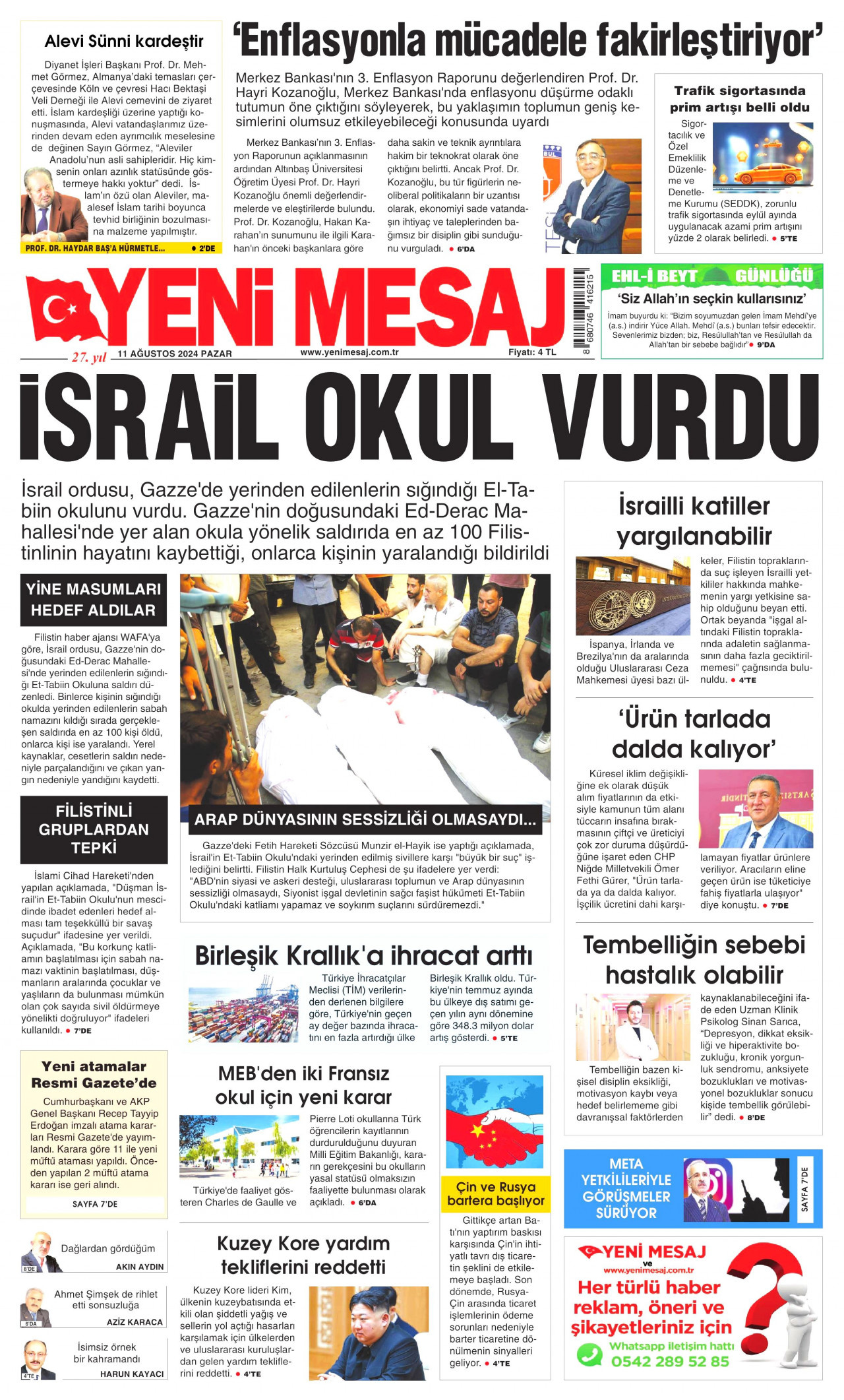 YENİ MESAJ gazetesinin 11 Ağustos 2024 tarihli birinci sayfası
