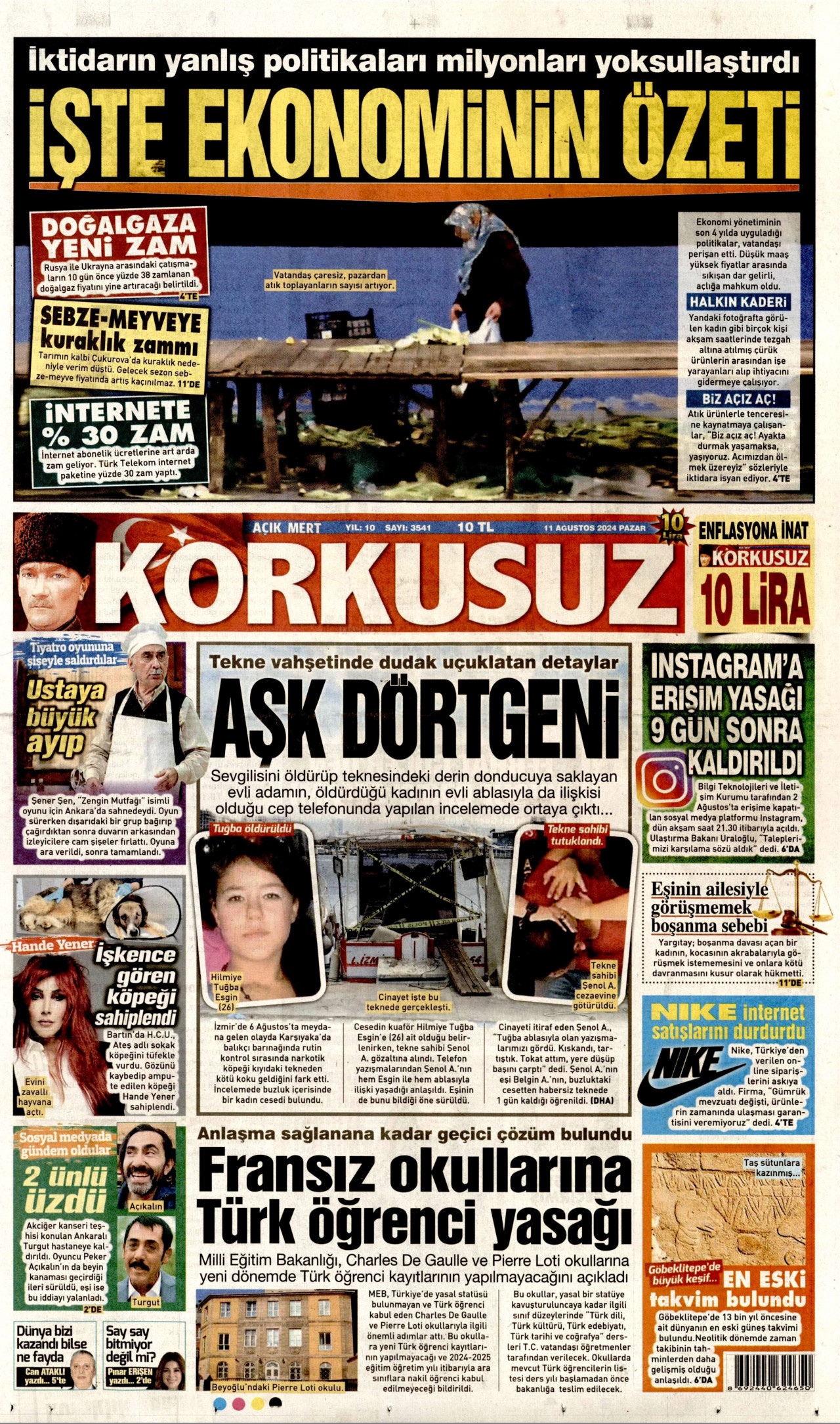 KORKUSUZ gazetesinin 11 Ağustos 2024 tarihli birinci sayfası