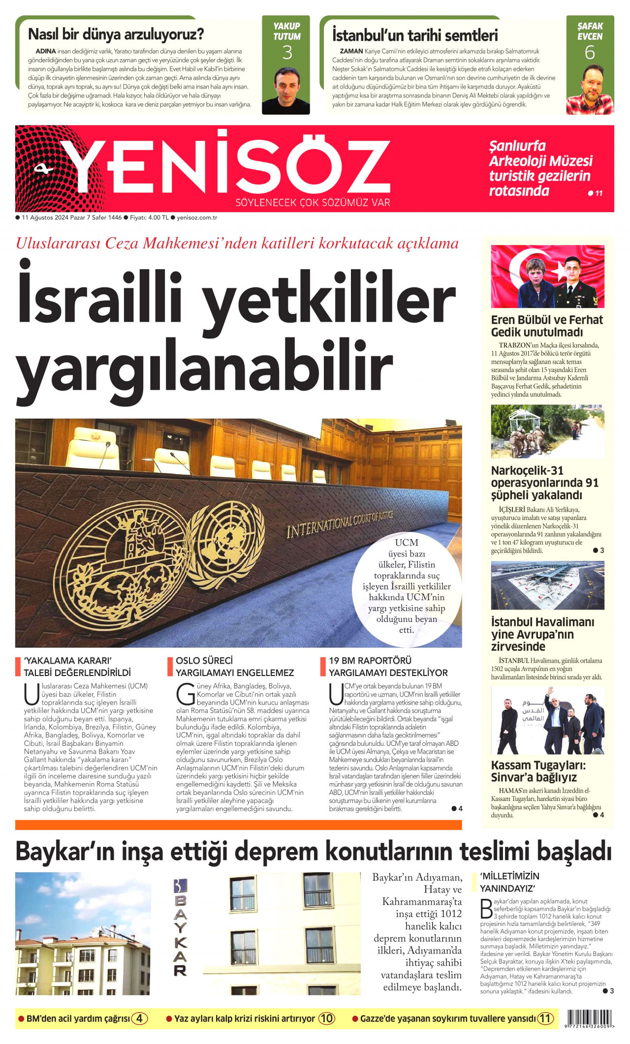 YENİ SÖZ GAZETESİ gazetesinin 11 Ağustos 2024 tarihli birinci sayfası