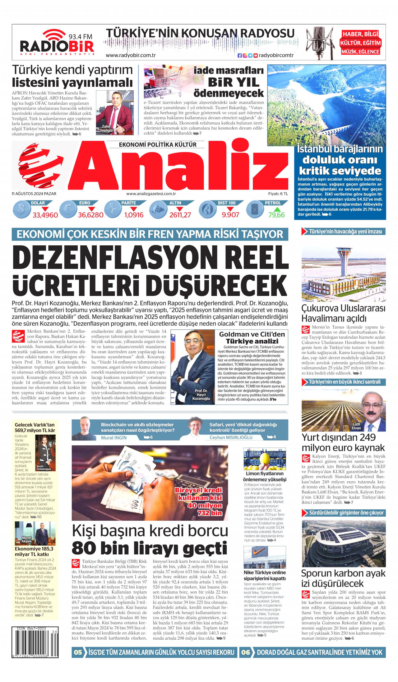 ANALİZ gazetesinin 11 Ağustos 2024 tarihli birinci sayfası