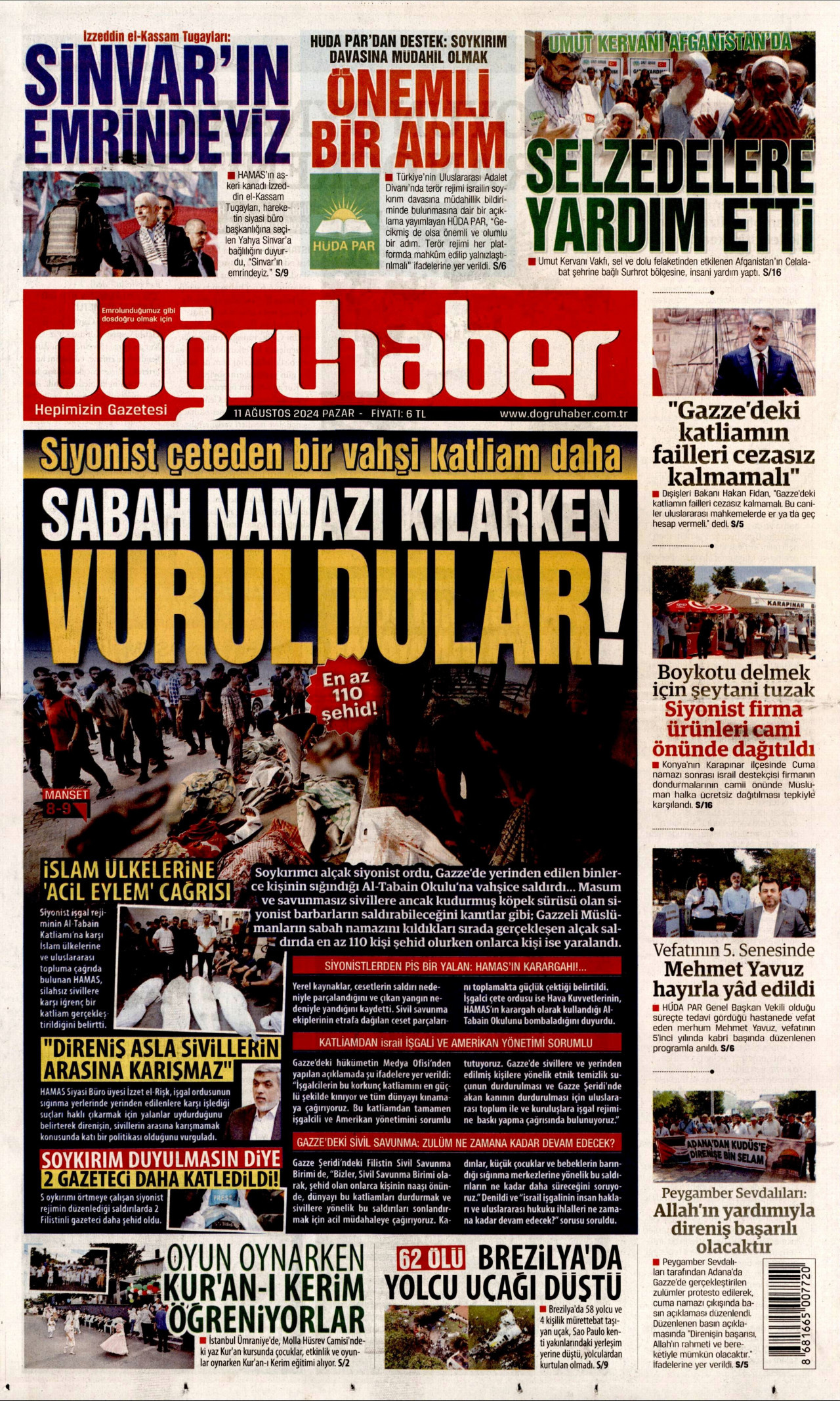 DOĞRU HABER gazetesinin 11 Ağustos 2024 tarihli birinci sayfası