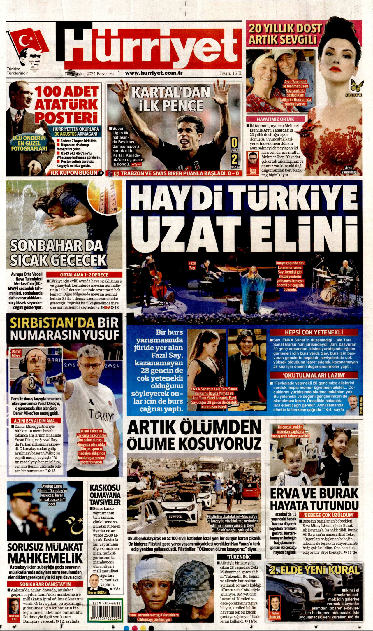 HÜRRİYET gazetesinin 12 Ağustos 2024 tarihli birinci sayfası