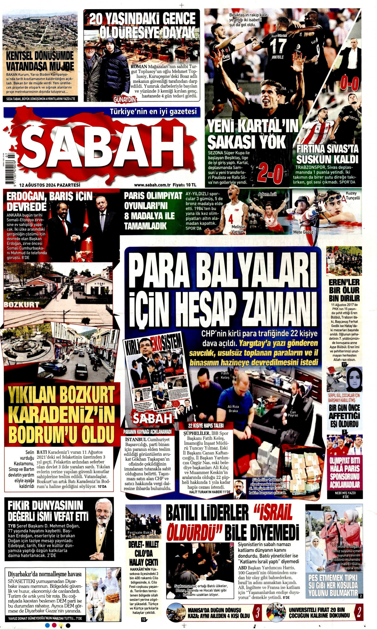 SABAH gazetesinin 12 Ağustos 2024 tarihli birinci sayfası