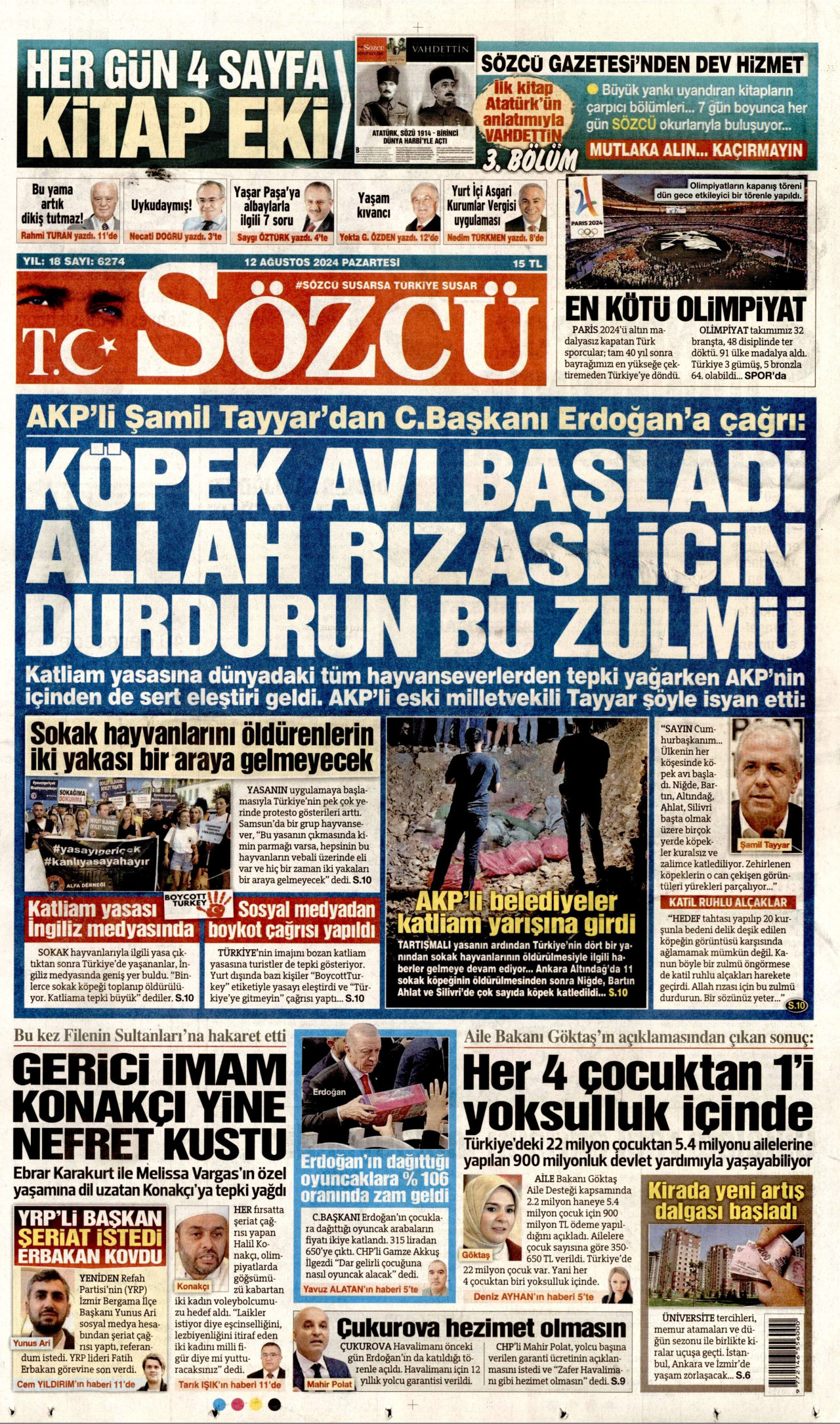 SÖZCÜ gazetesinin 12 Ağustos 2024 tarihli birinci sayfası