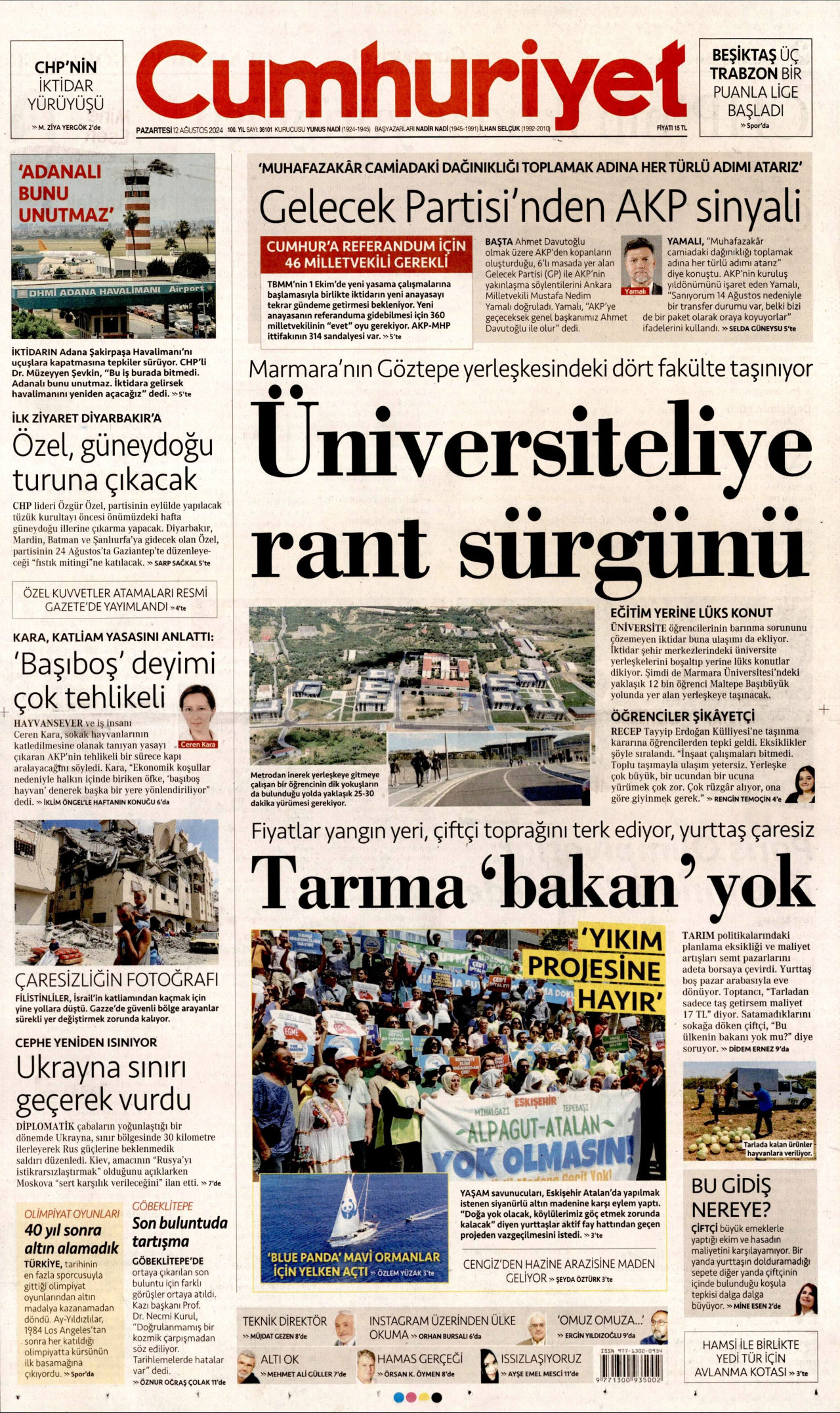 CUMHURİYET gazetesinin 12 Ağustos 2024 tarihli birinci sayfası