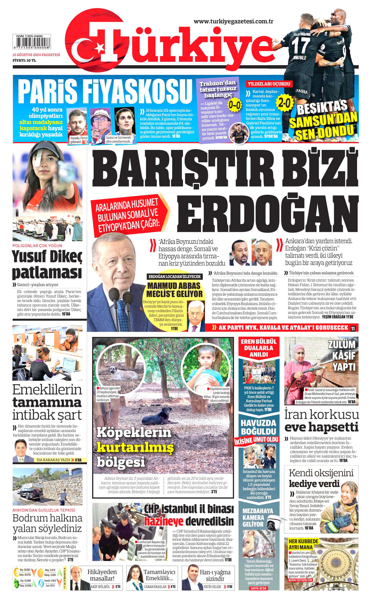 TÜRKİYE GAZETESİ gazetesinin 12 Ağustos 2024 tarihli birinci sayfası