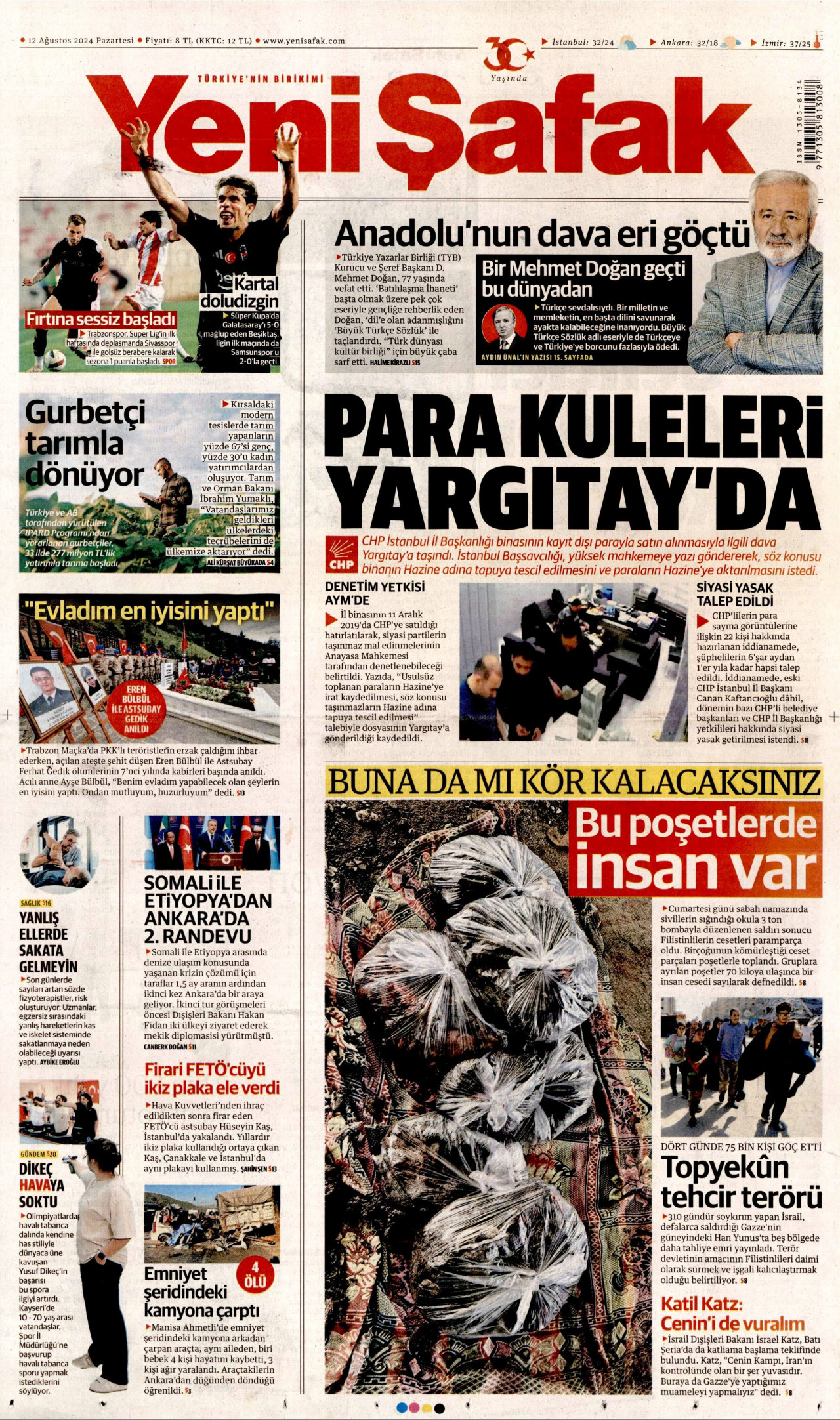 YENİ ŞAFAK gazetesinin 12 Ağustos 2024 tarihli birinci sayfası