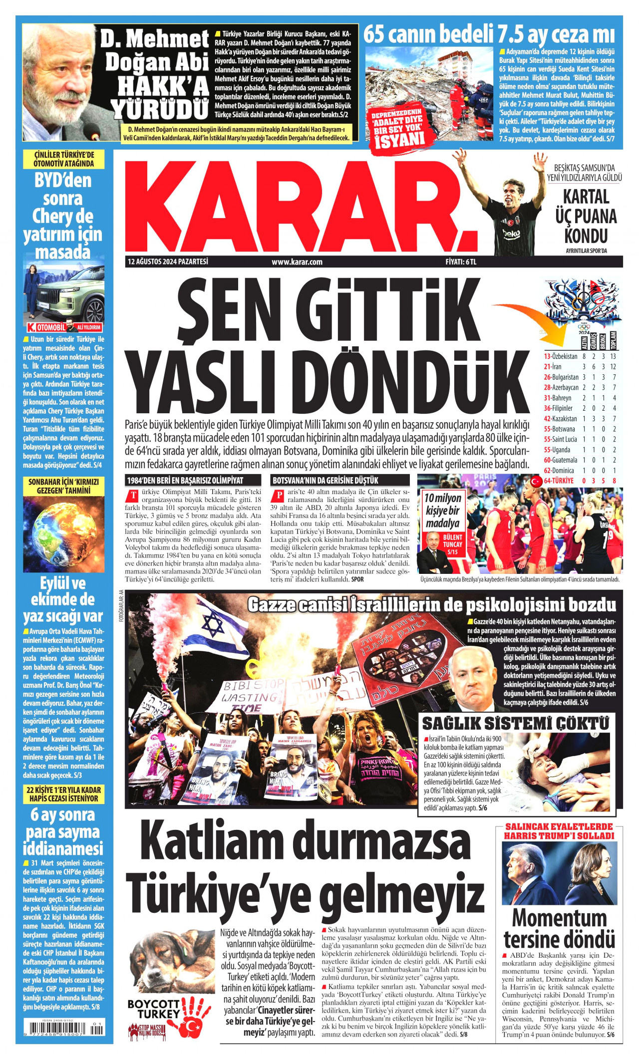 KARAR gazetesinin 12 Ağustos 2024 tarihli birinci sayfası