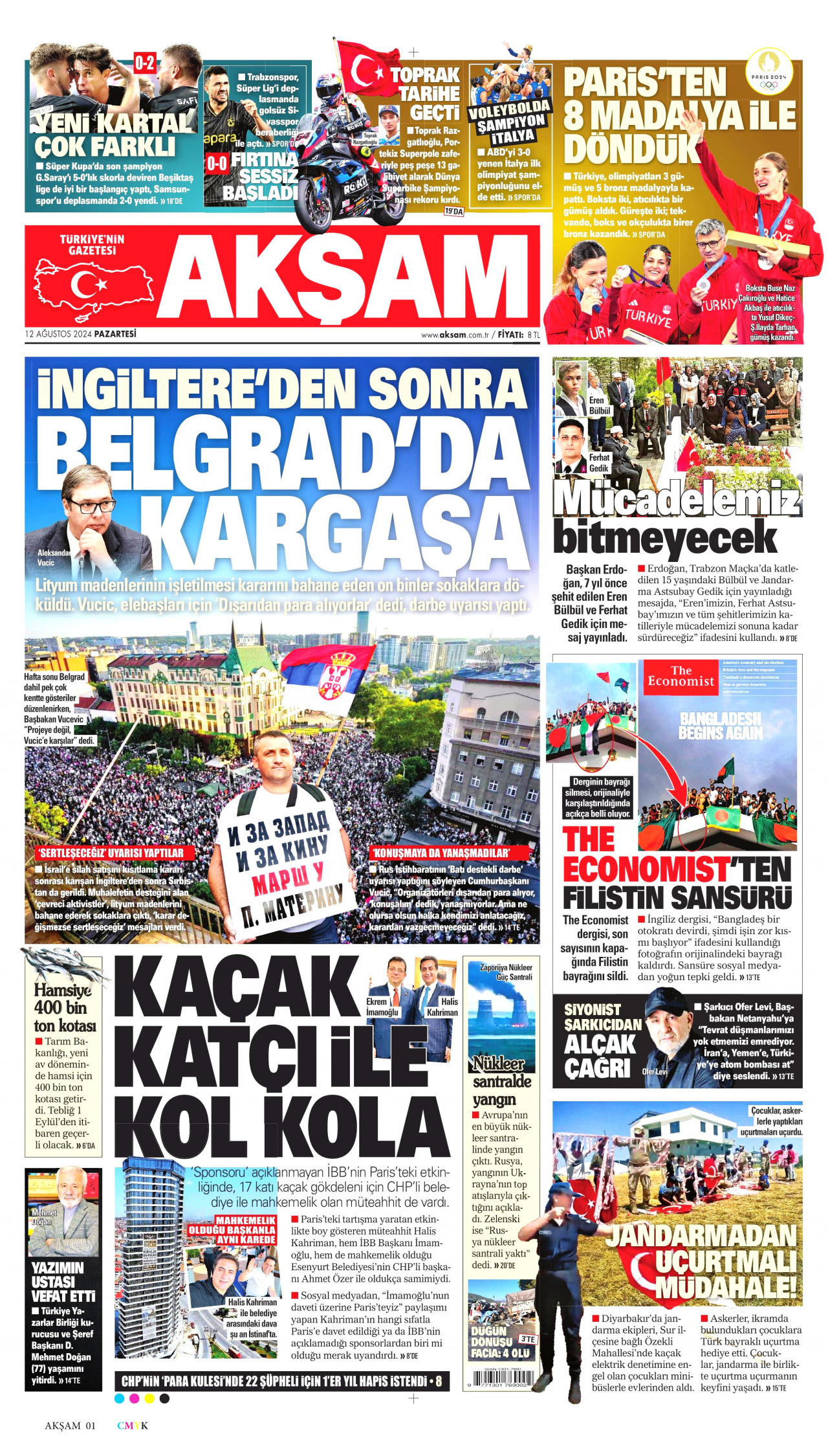 AKŞAM gazetesinin 12 Ağustos 2024 tarihli birinci sayfası