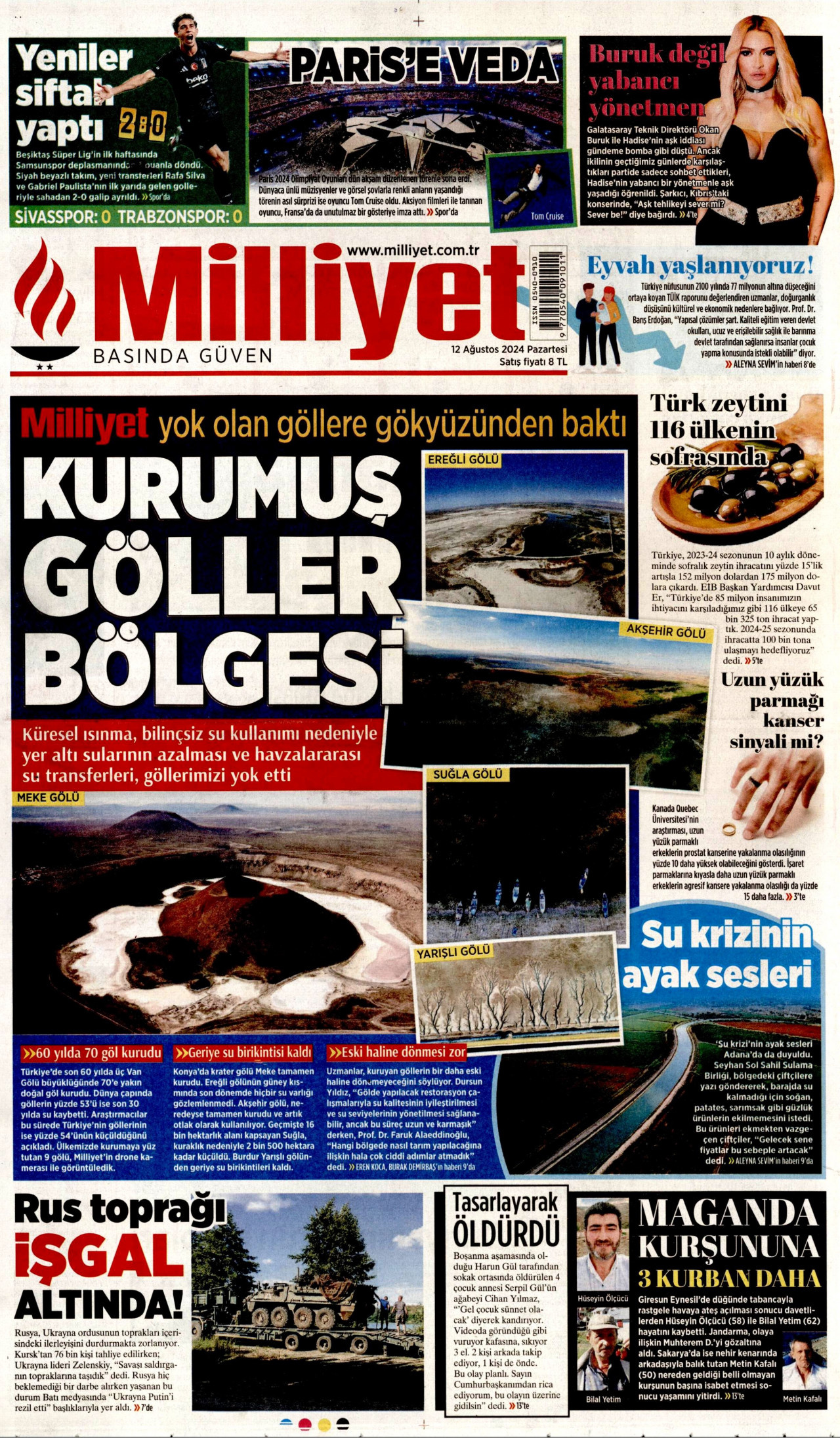 MİLLİYET gazetesinin 12 Ağustos 2024 tarihli birinci sayfası