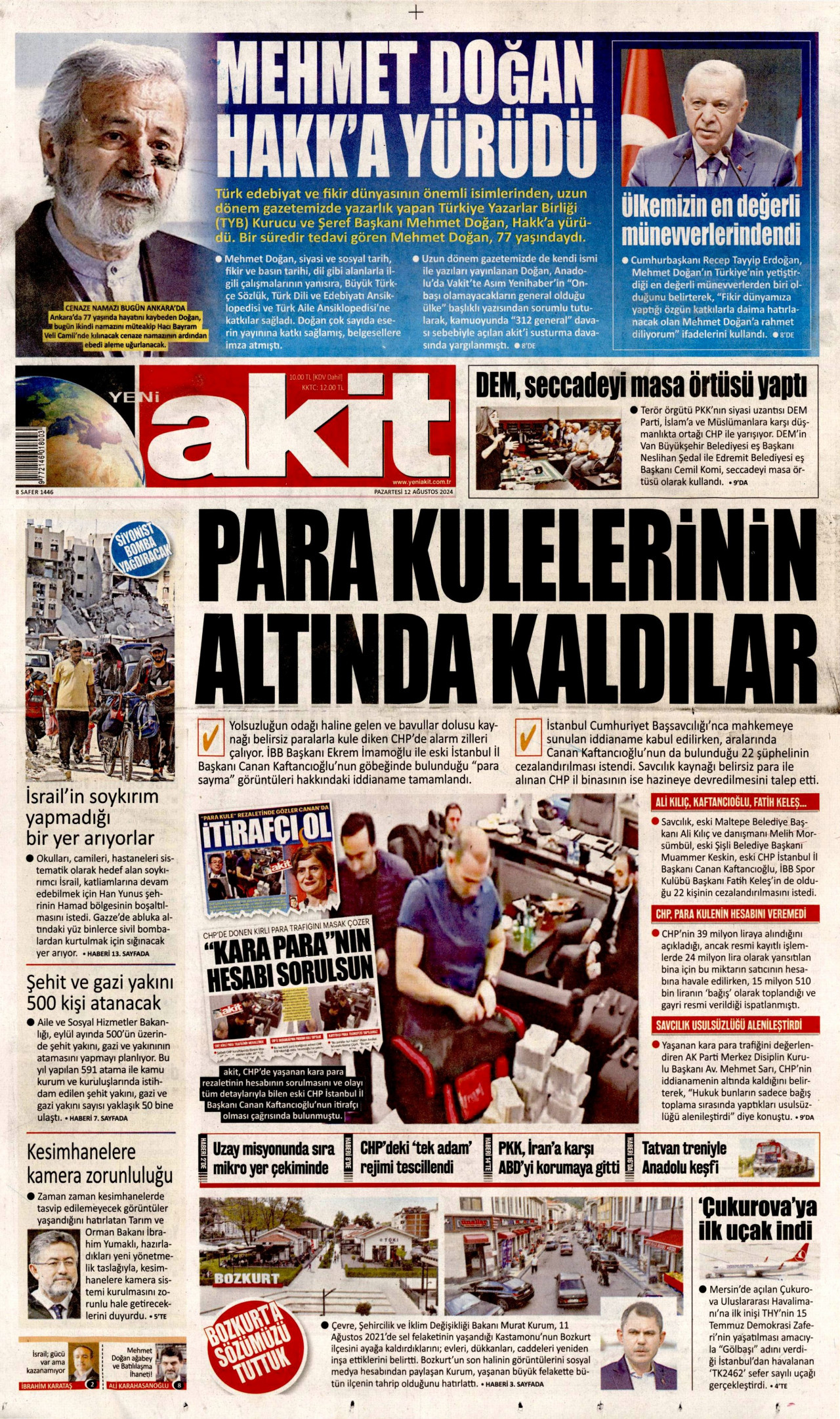 YENİ AKİT gazetesinin 12 Ağustos 2024 tarihli birinci sayfası