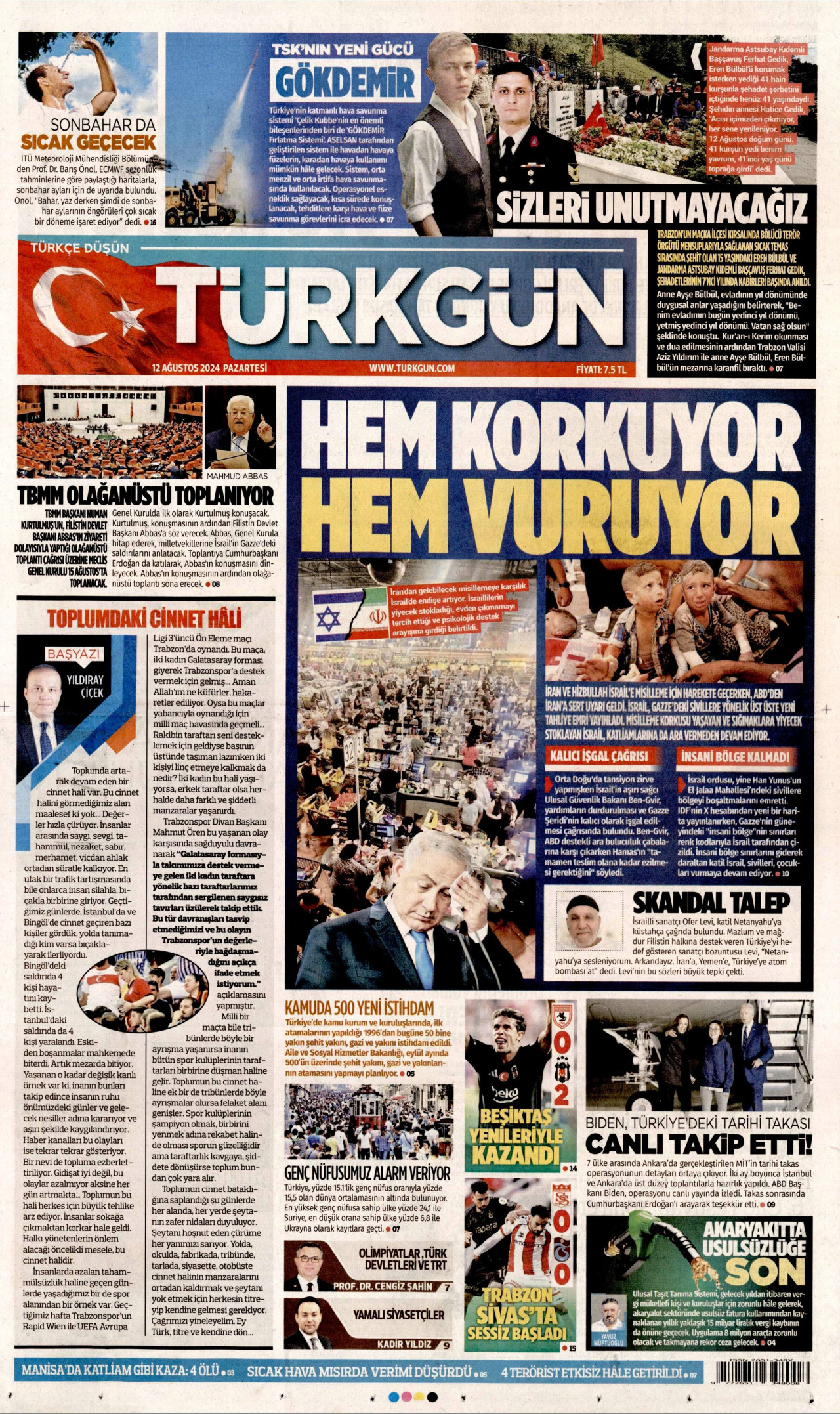 TÜRKGÜN gazetesinin 12 Ağustos 2024 tarihli birinci sayfası