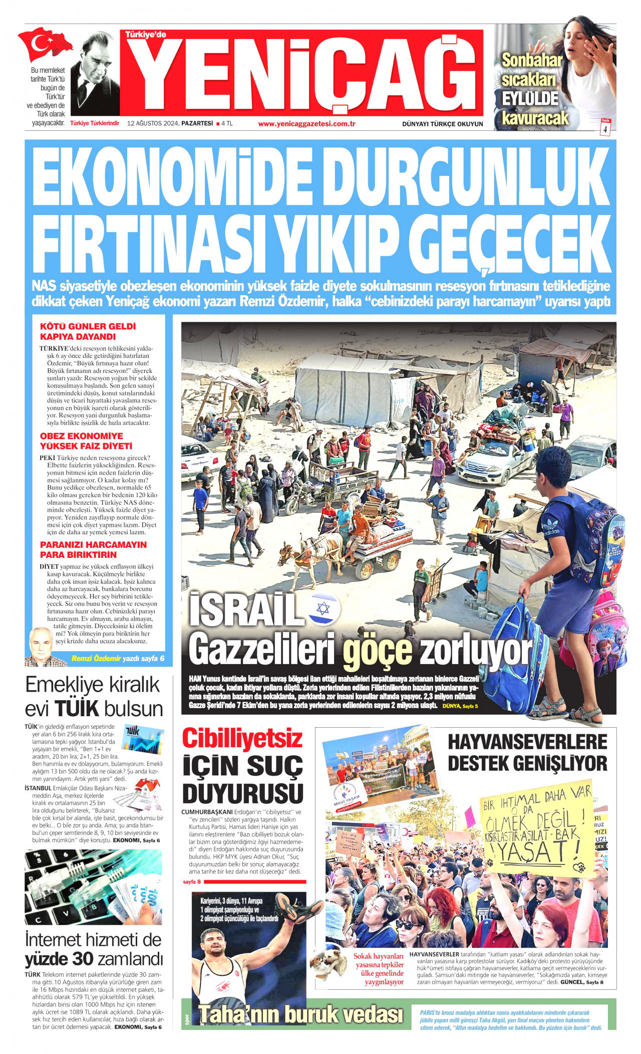 YENİÇAĞ gazetesinin 12 Ağustos 2024 tarihli birinci sayfası