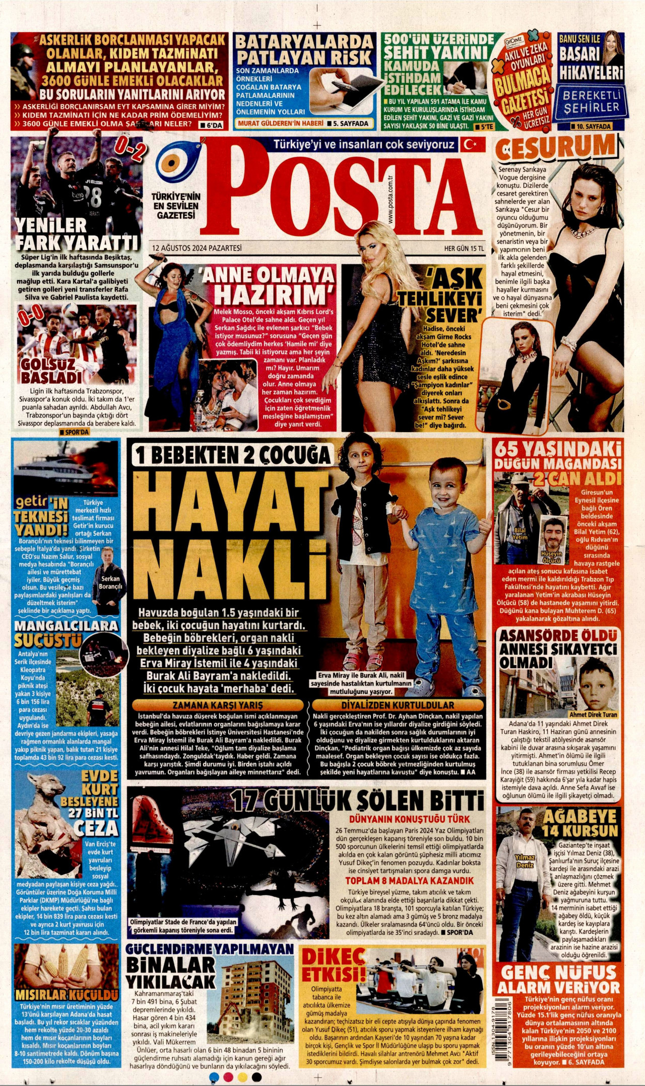 POSTA gazetesinin 12 Ağustos 2024 tarihli birinci sayfası
