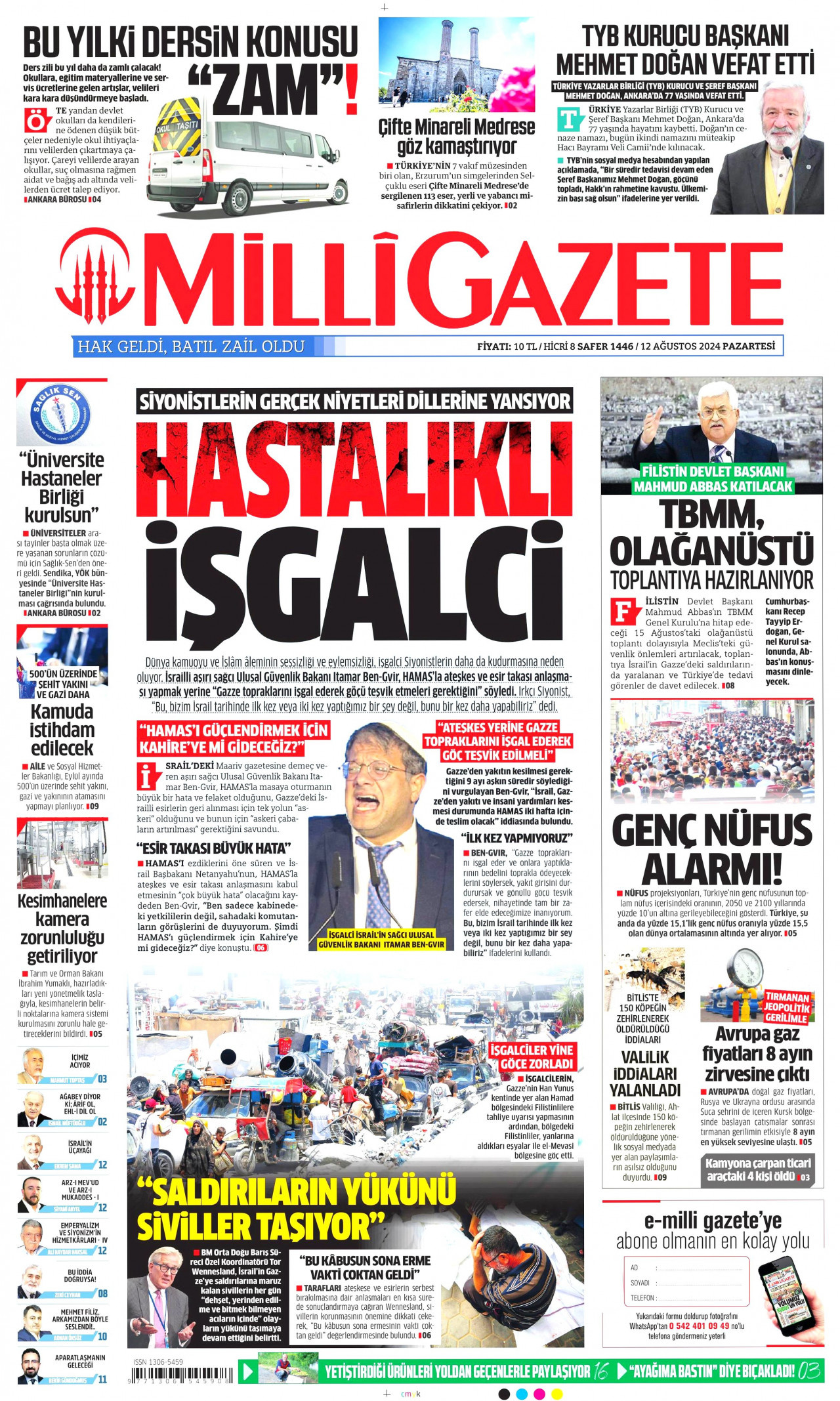 MİLLİ GAZETE gazetesinin 12 Ağustos 2024 tarihli birinci sayfası