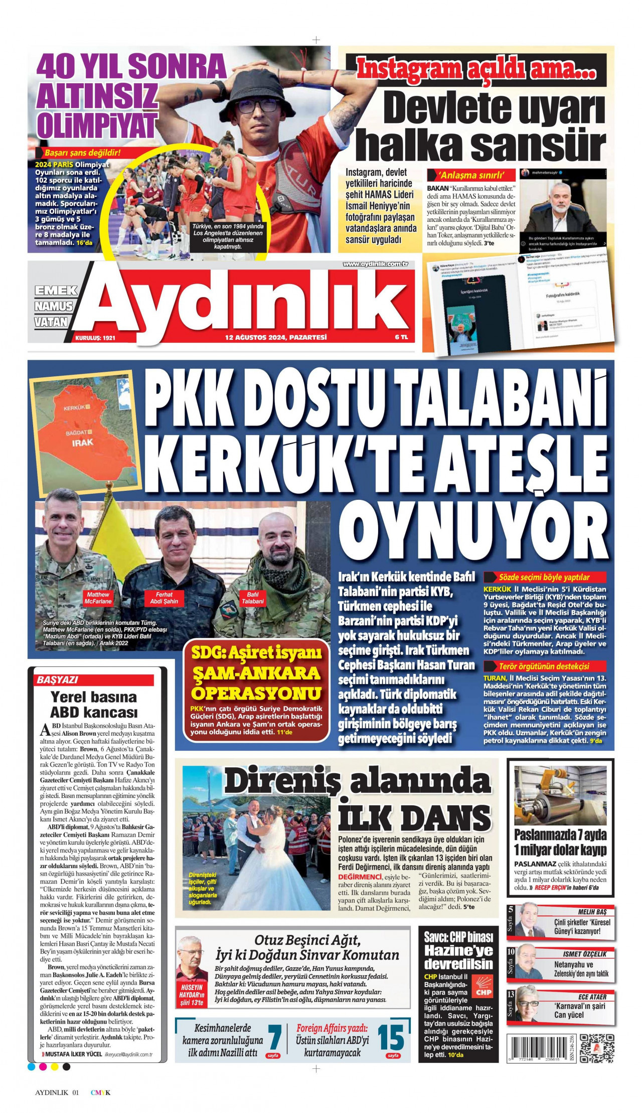 AYDINLIK GAZETESİ gazetesinin 12 Ağustos 2024 tarihli birinci sayfası