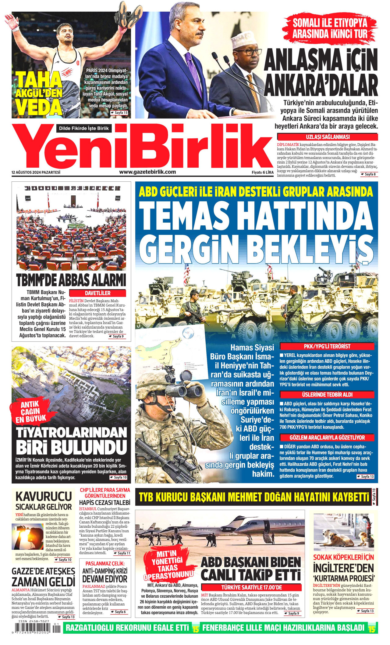 YENİBİRLİK gazetesinin 12 Ağustos 2024 tarihli birinci sayfası