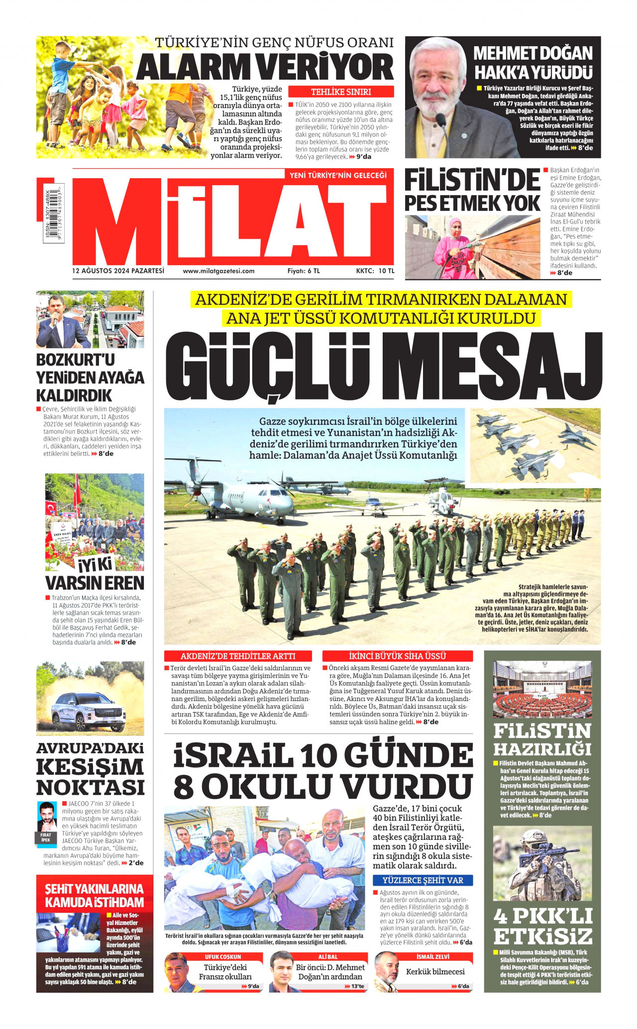 MİLAT gazetesinin 12 Ağustos 2024 tarihli birinci sayfası