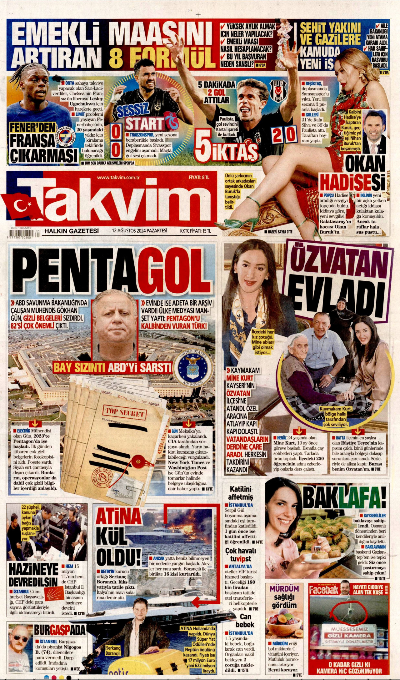 TAKVİM gazetesinin 12 Ağustos 2024 tarihli birinci sayfası
