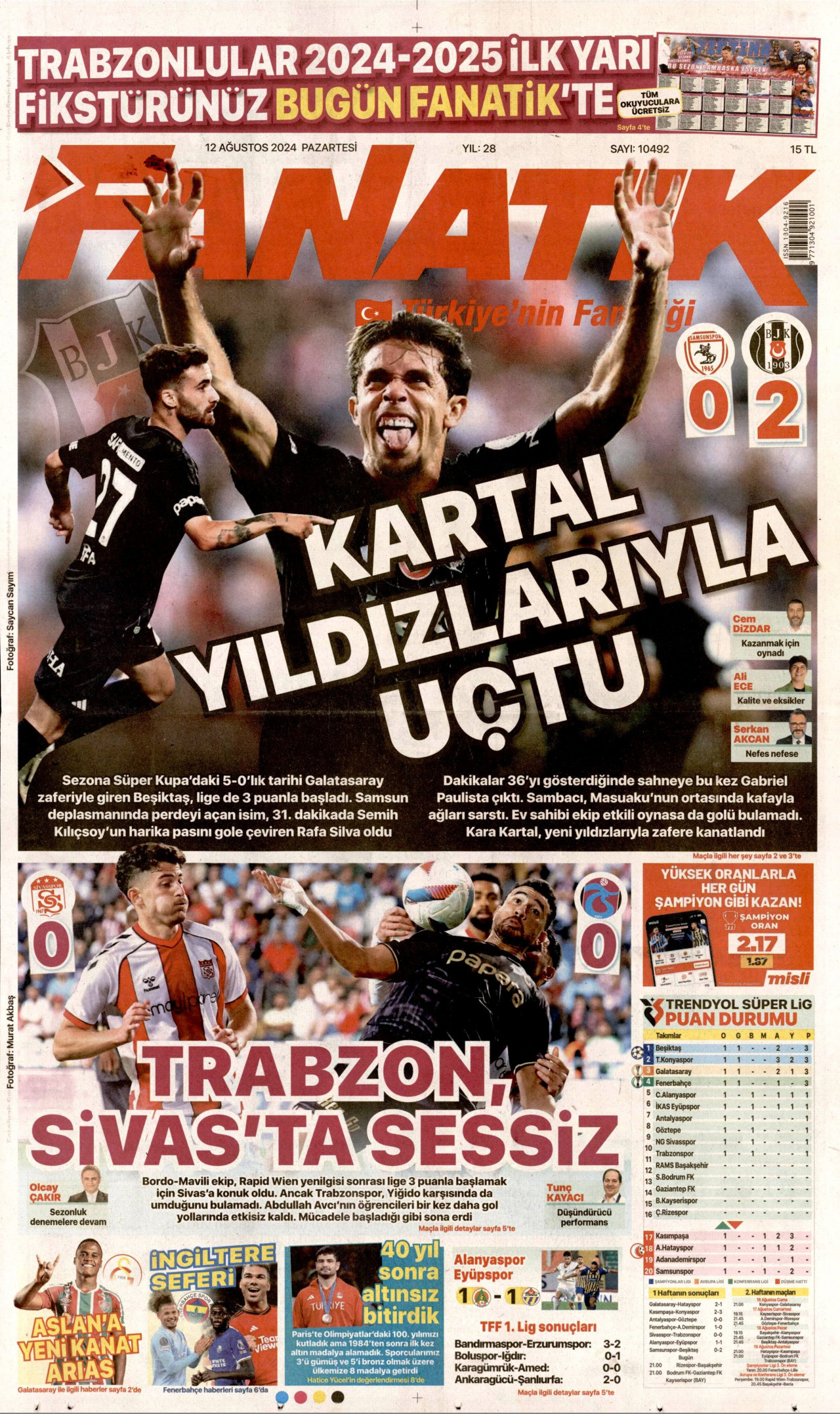 FANATİK gazetesinin 12 Ağustos 2024 tarihli birinci sayfası