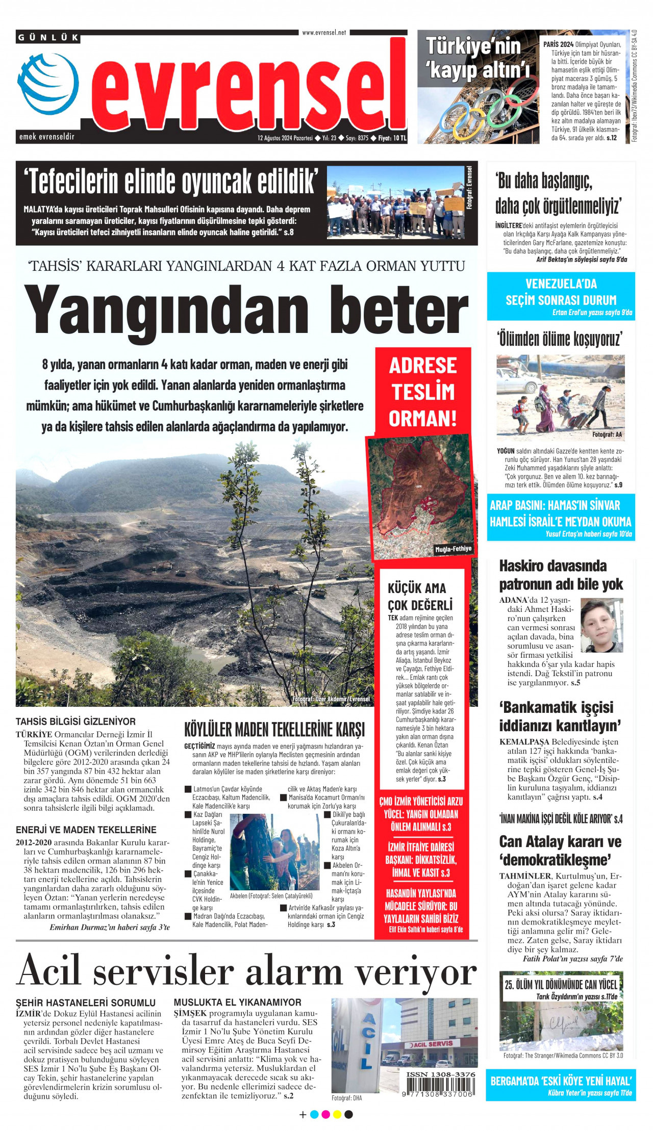 EVRENSEL gazetesinin 12 Ağustos 2024 tarihli birinci sayfası