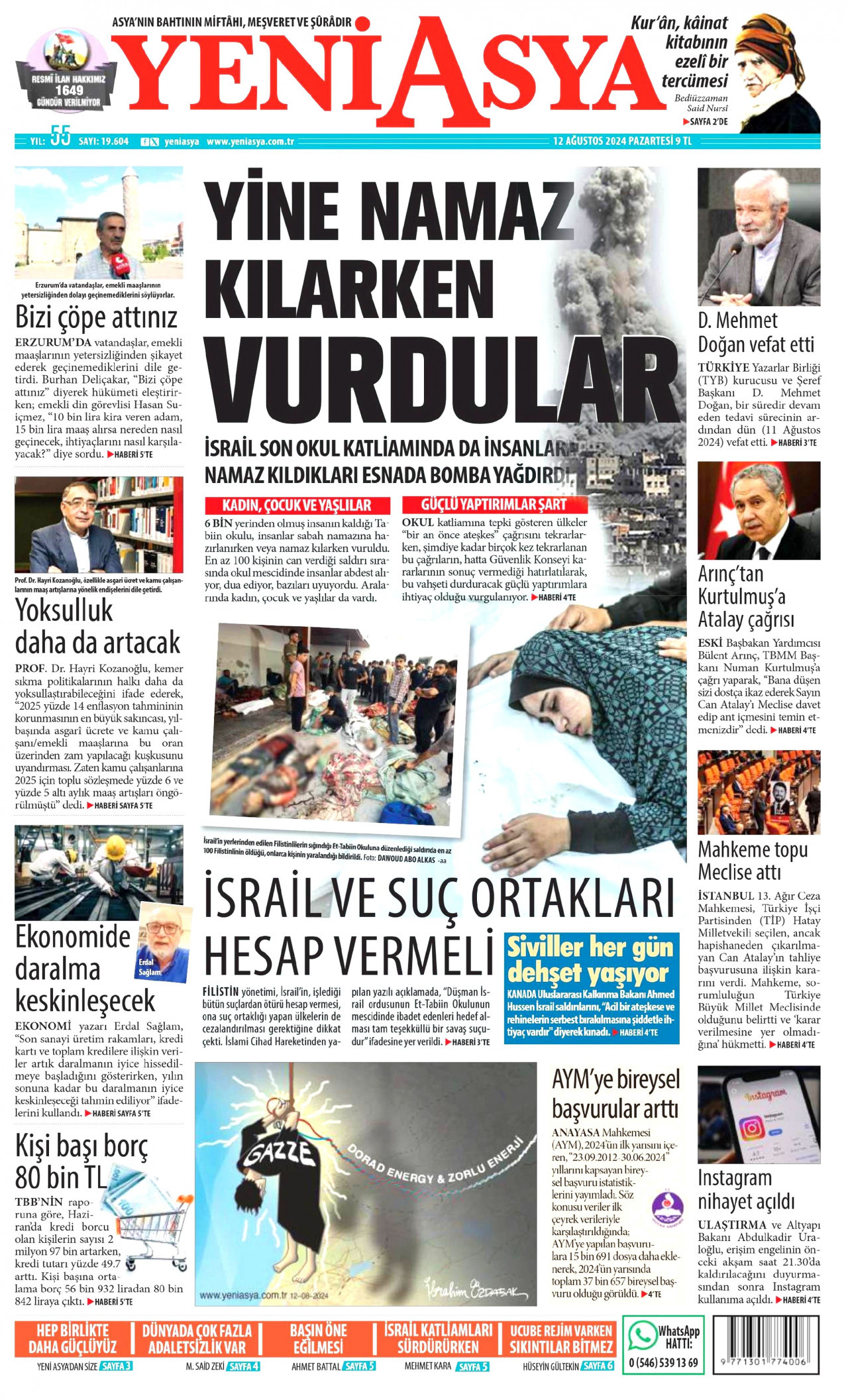 YENİ ASYA gazetesinin 12 Ağustos 2024 tarihli birinci sayfası